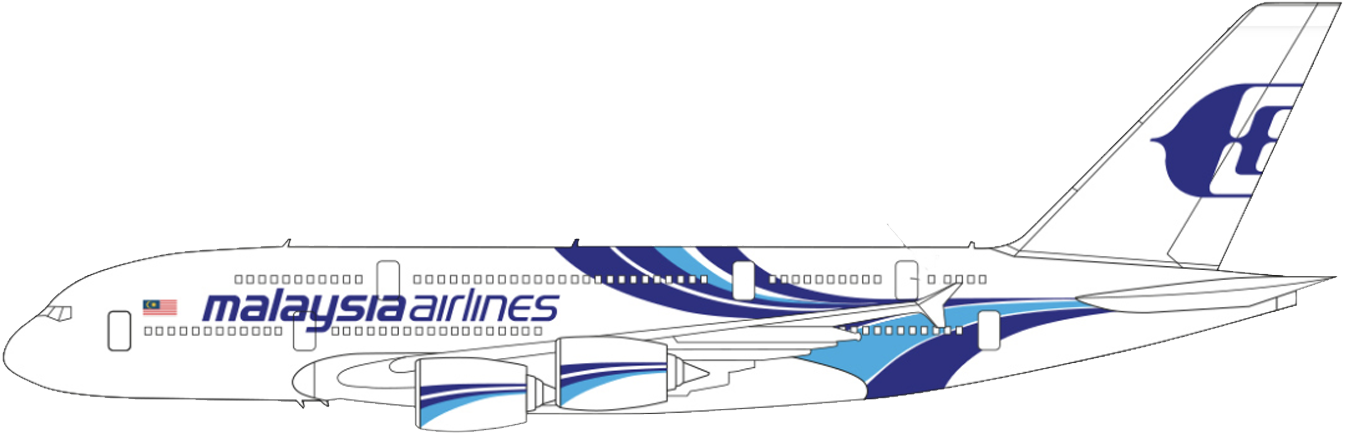 馬來西亞航空機身塗裝 壁紙 — 一架馬來西亞航空飛機，白色機身上有藍色波浪圖案，背景為黑色。