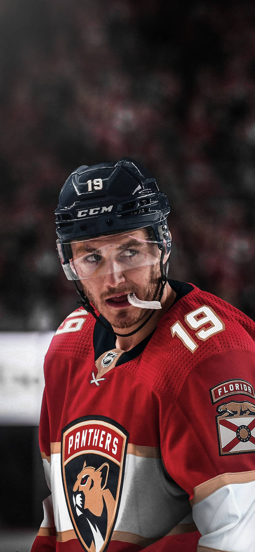 馬修·特卡丘克 佛羅里達豹隊 NHL 壁紙 — 佛羅里達美洲豹冰球球員身穿19號紅色球衣，專注而強烈表情的特寫。