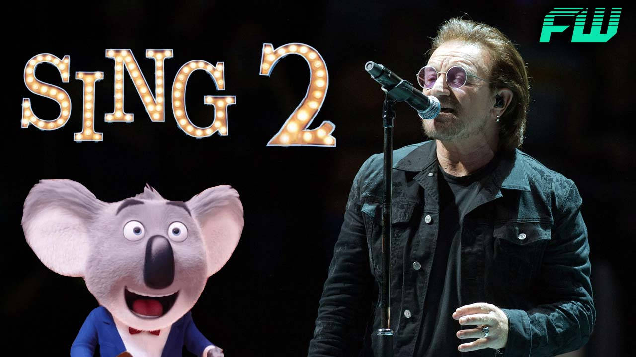 馬修·麥康納出演《Sing 2》 壁紙 — 一位現場表演者在《星夢動物園2》電影海報中，在卡通樹熊旁邊對著咪高峰唱歌。