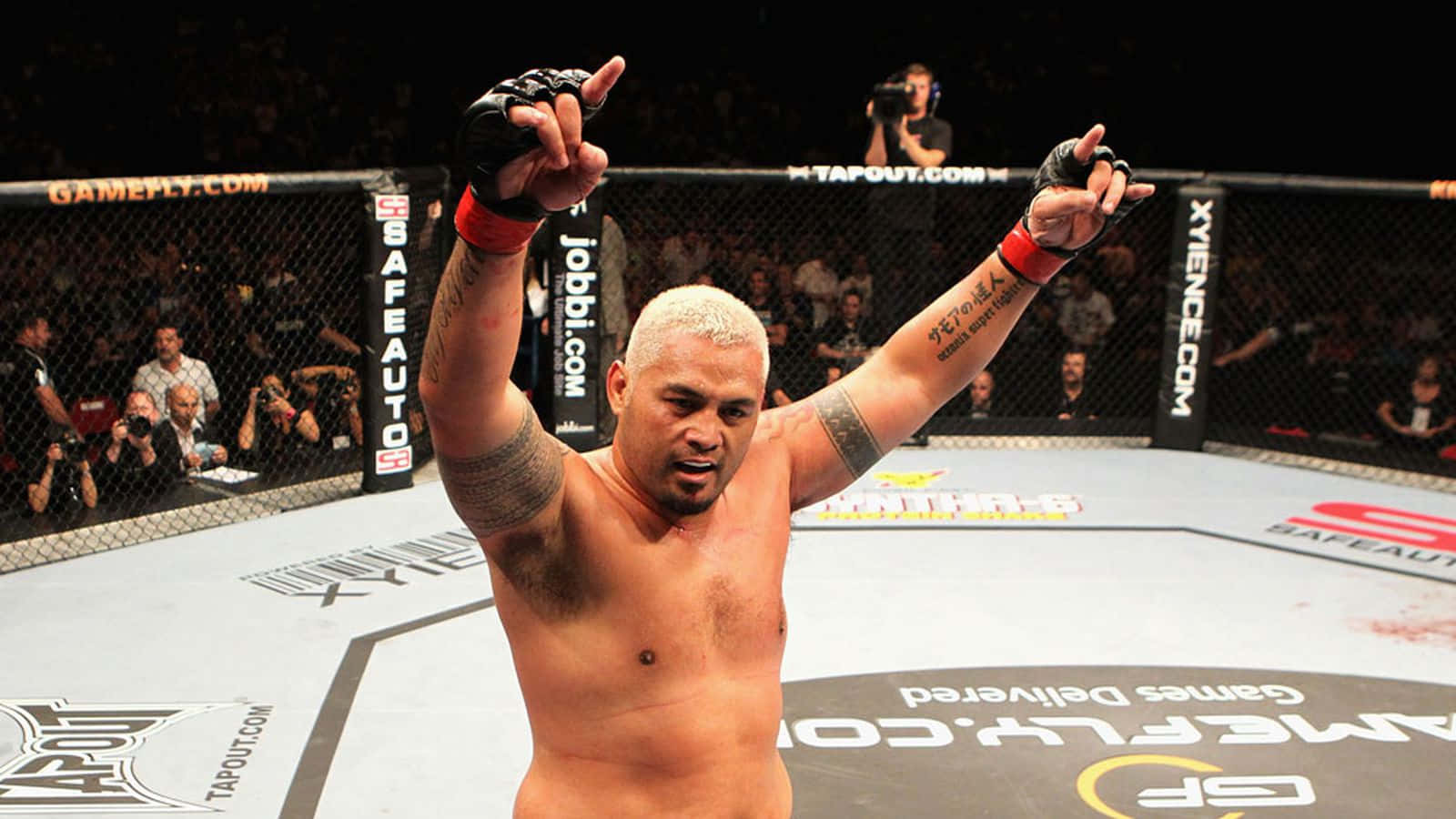 MMA拳手在八角籠中高舉拳頭慶祝勝利。
