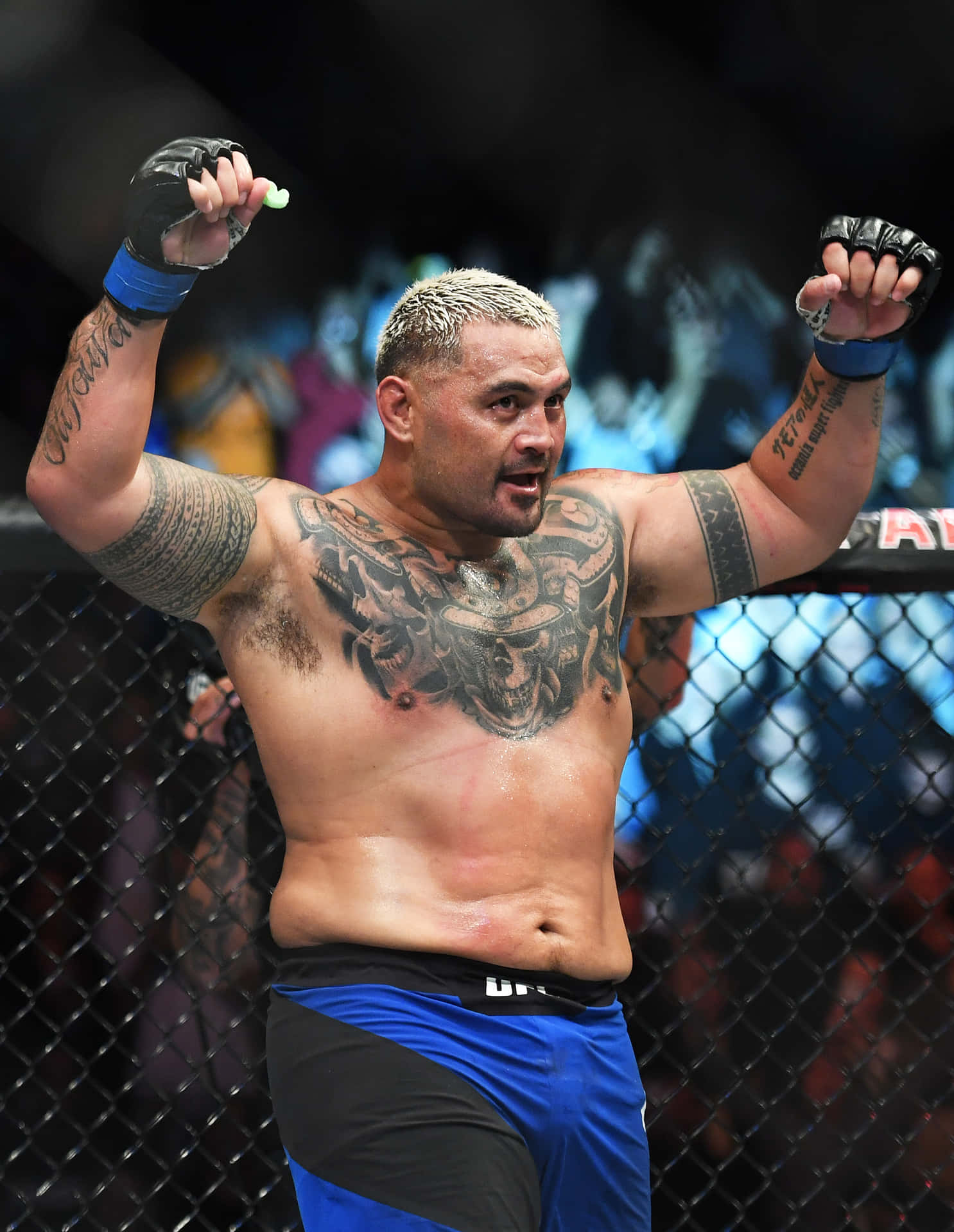 有紋身的MMA拳手在UFC八角籠中慶祝勝利。