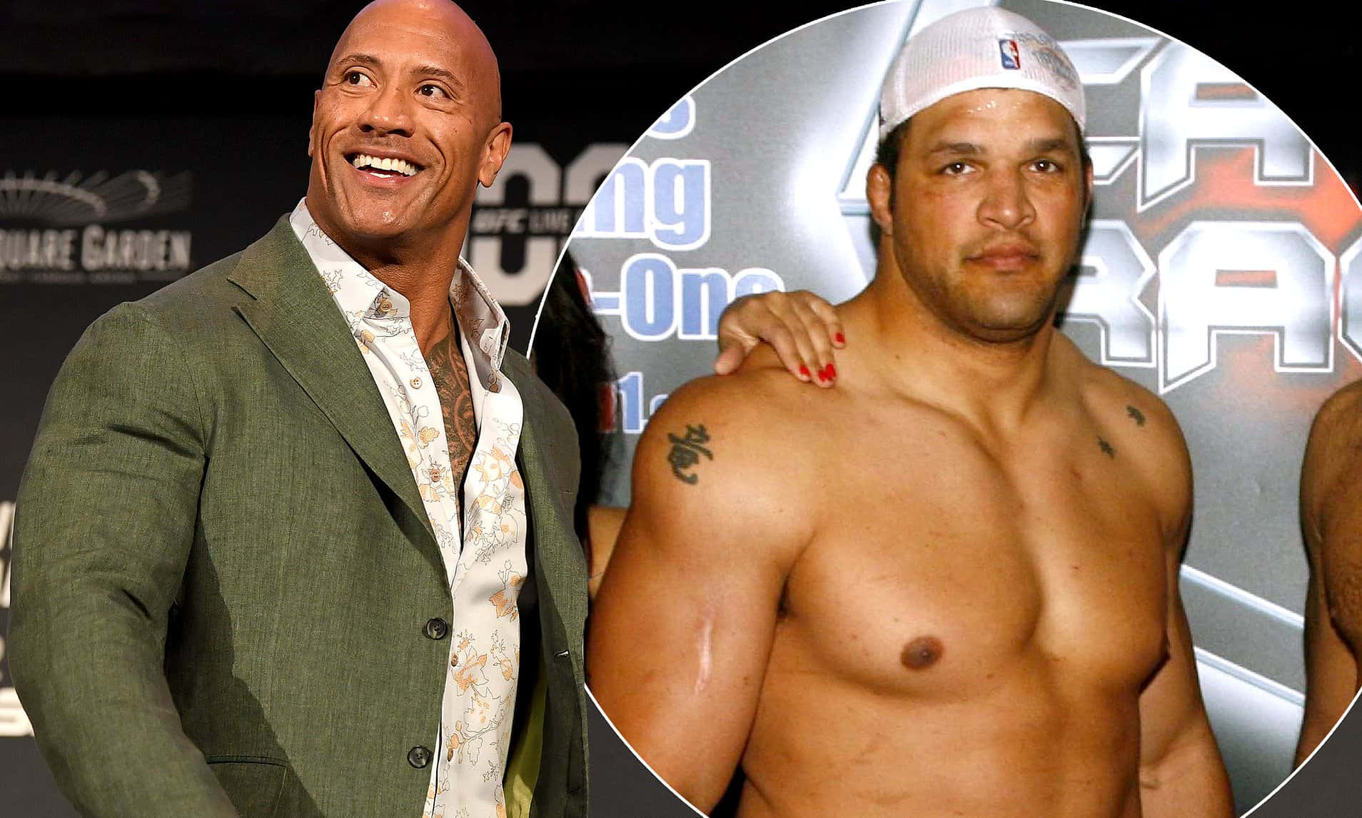 Dwayne Johnson 穿著綠色西裝，微笑著站在一名赤裸上身、有紋身男子的圓形照片旁邊。