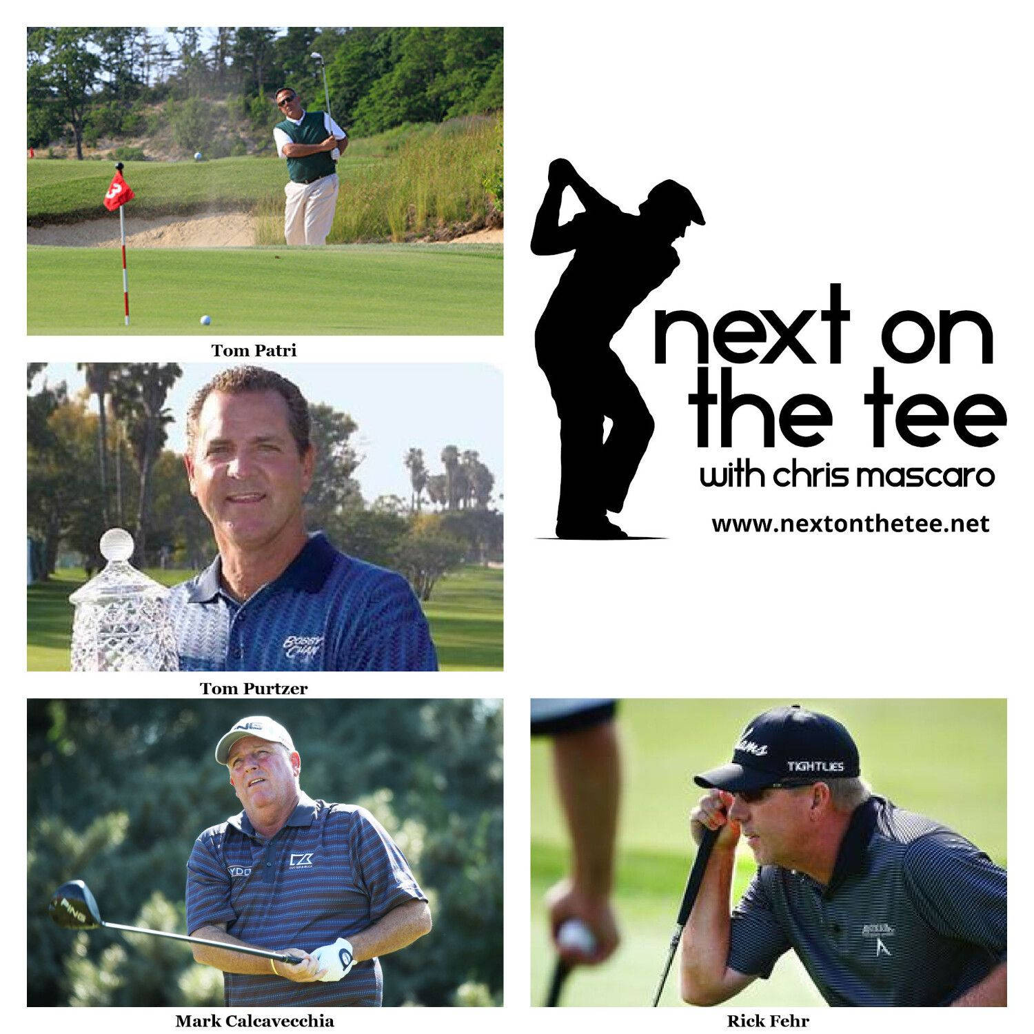 馬克·卡爾卡維奇參與「Next on the Tee」播客 壁紙 — 四位高爾夫球手在陽光普照的球場上，有棕櫚樹和綠色球道的動作照和肖像照。