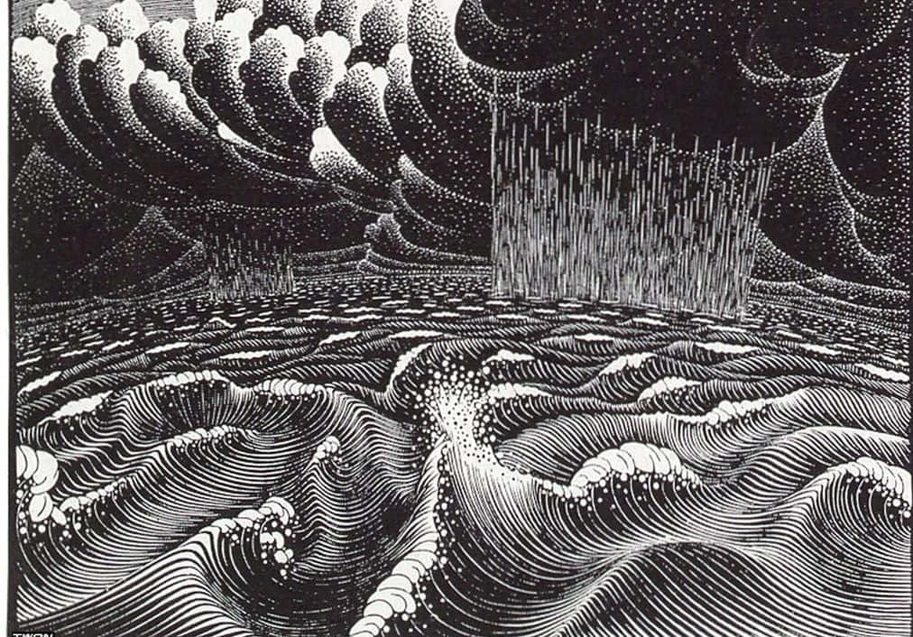 戲劇性的黑白插圖，描繪暴風雨中的海洋波浪在暴雨和漩渦雲層下翻騰。