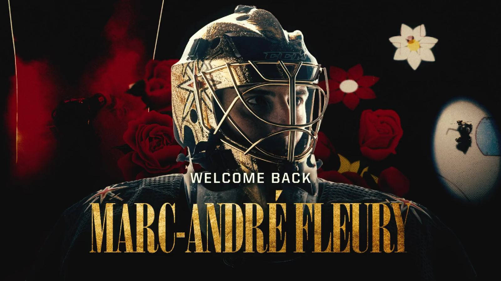 冰球守門員 Marc-André Fleury 身穿金色裝備，搭配紅玫瑰和歡迎文字。