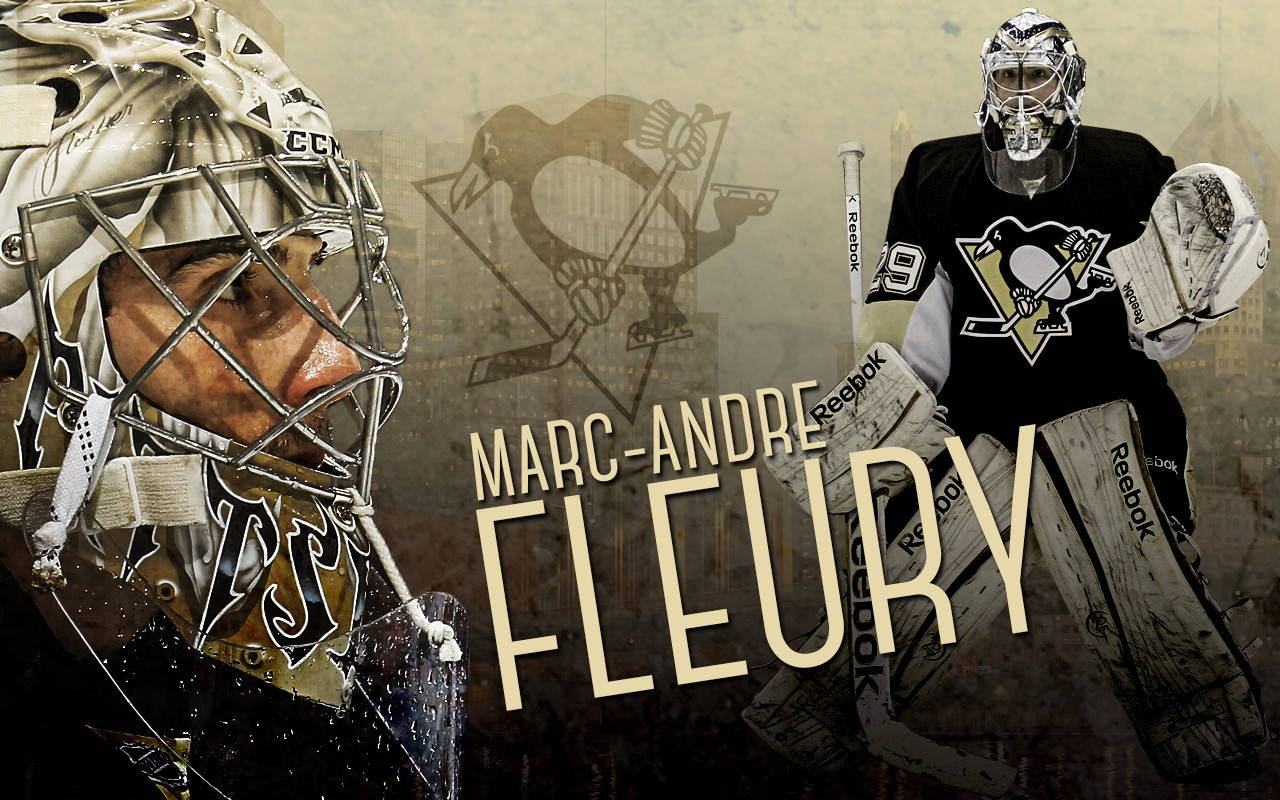 馬克-安德烈·弗萊里 - 維加斯金鷹隊海報 壁紙 — 冰球守門員 Marc-Andre Fleury 身穿全套裝備的特寫，背後有球隊標誌和名字圖案。