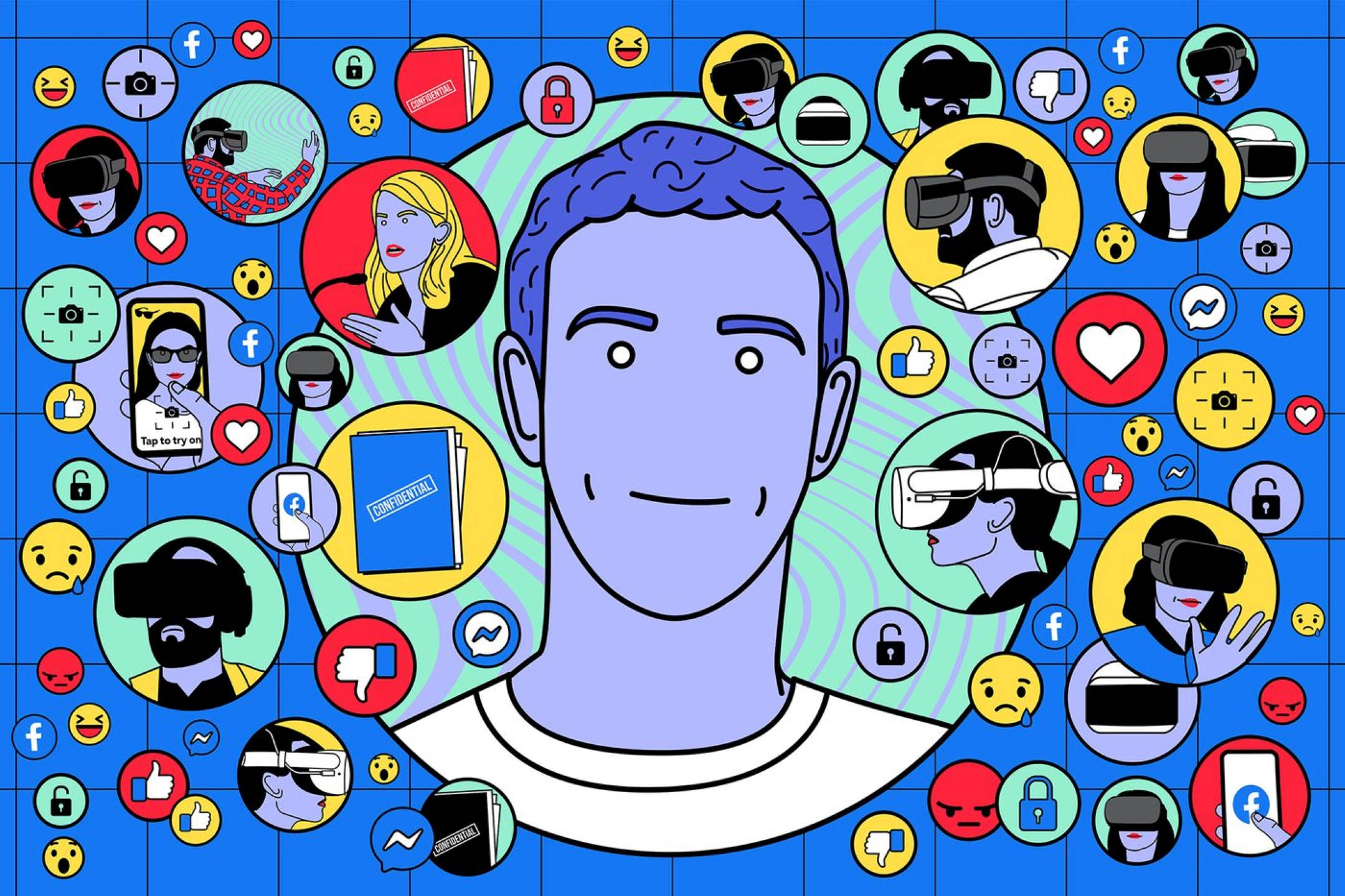 馬克·祖克柏 Facebook 藝術 壁紙 — 一個風格化的插圖，描繪一名男子被浮動的社交媒體圖標和VR用戶包圍在藍色網格背景上。