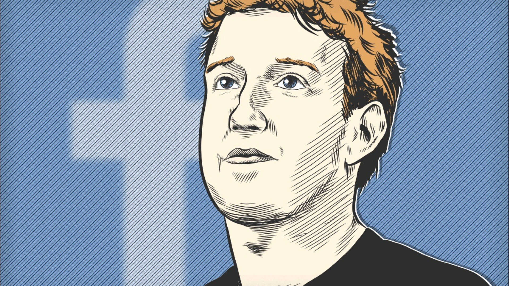 馬克·祖克柏卡通畫 壁紙 — 馬克·朱克伯格嘅插圖肖像，背景係藍色Facebook標誌同陰影線。
