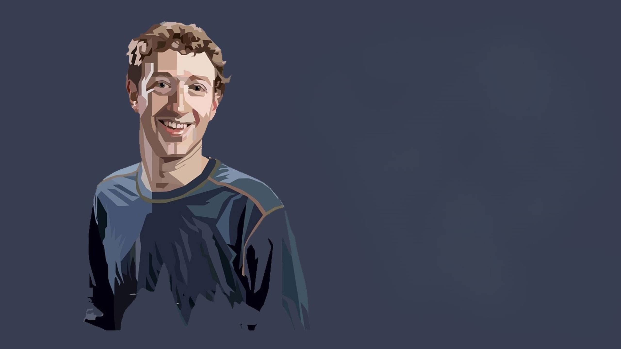 馬克·祖克柏灰色向量圖 壁紙 — 一個風格化的數碼肖像，描繪一位微笑、捲髮、身穿深藍色襯衫的男子，背景為柔和的灰色。