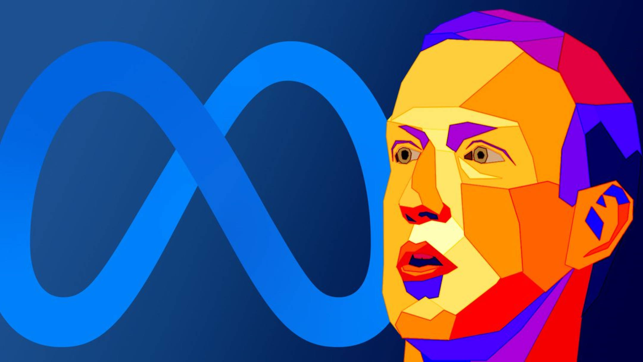 馬克·祖克柏與Meta標誌藝術 壁紙 — 一個風格化的多邊形人物肖像，以鮮豔色彩呈現，背景為藍色無限符號。