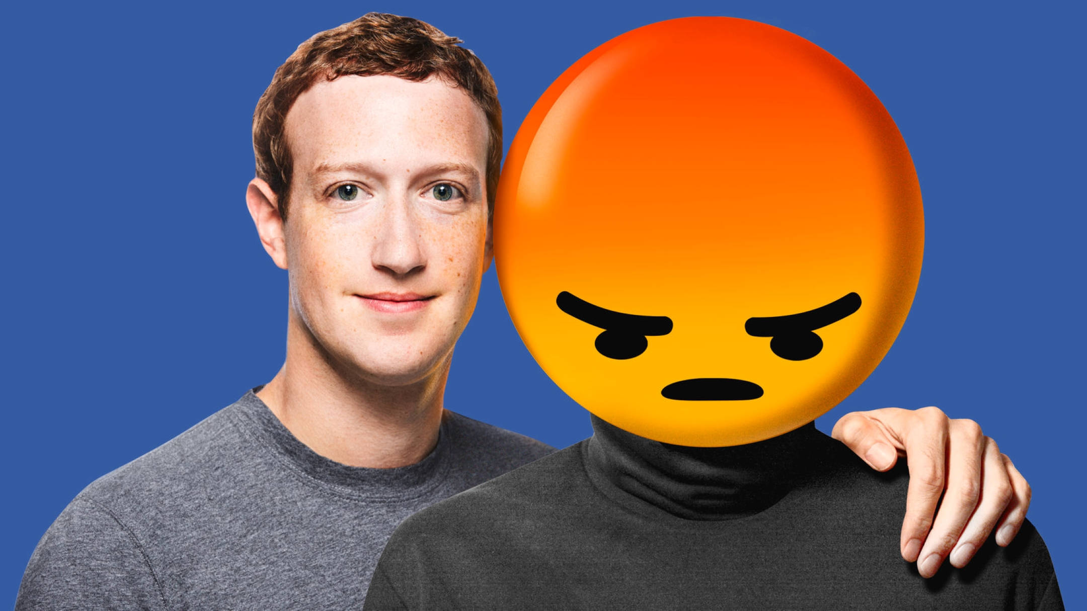 馬克·祖克柏與憤怒表情符號 壁紙 — 一個有雀斑的男人微笑著站在另一個人旁邊，那個人的臉被一個憤怒的橙色表情符號取代，背景是純藍色。