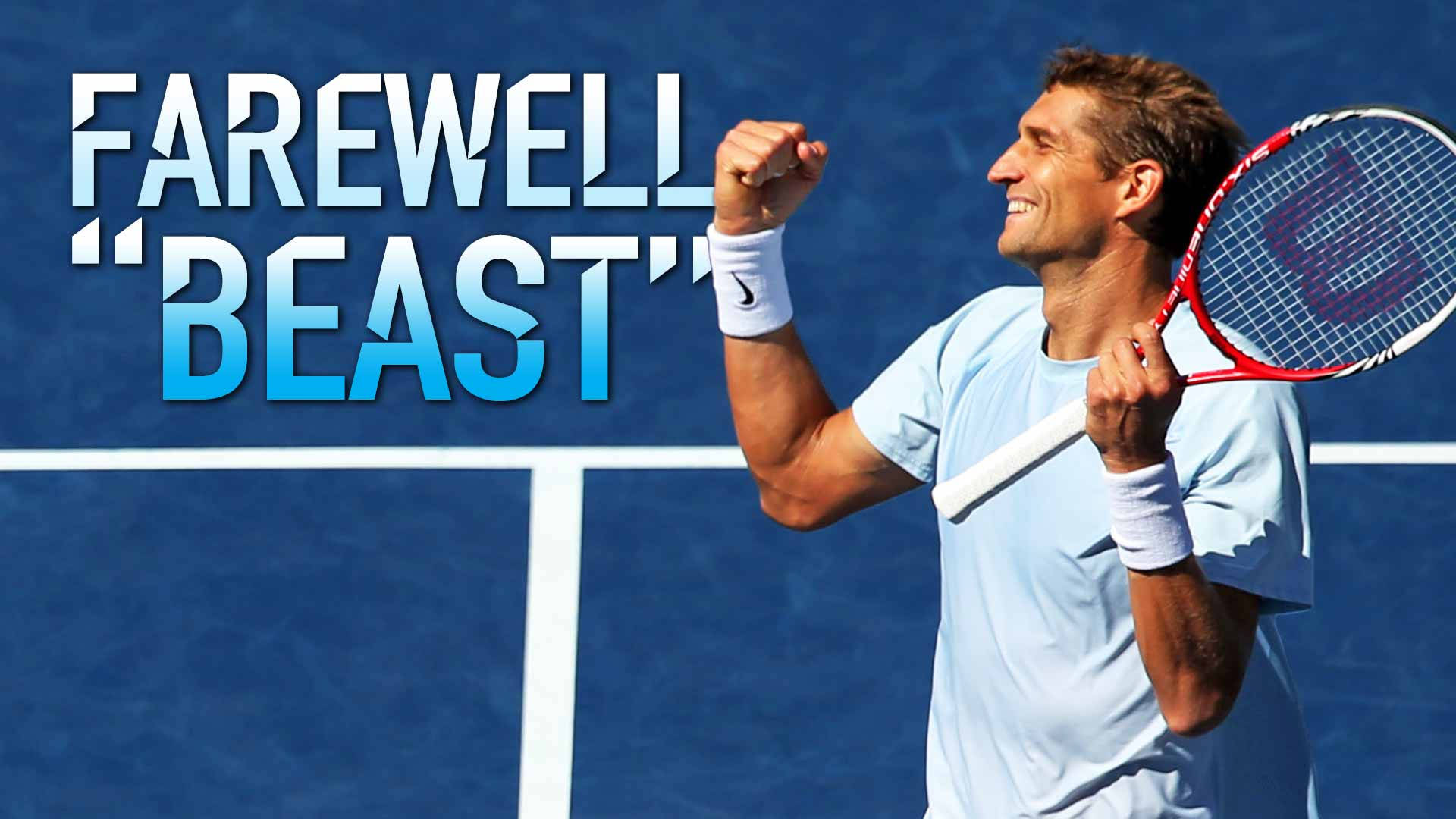 網球選手諾瓦克·祖高域在藍色球場上慶祝勝利，帶有'Farewell Beast'文字。