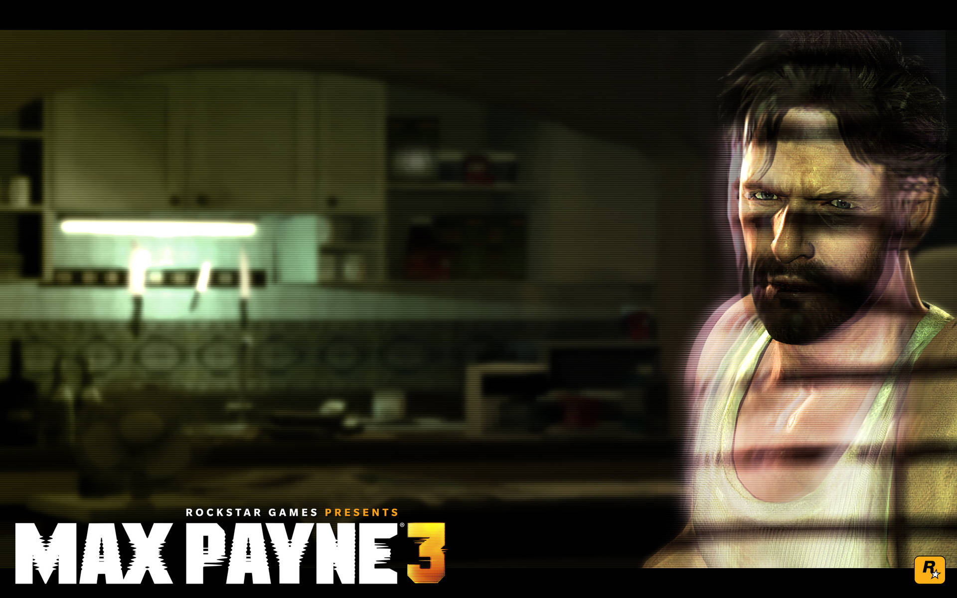 Max Payne 喺霓虹燈廚房入面，表情嚴肅。