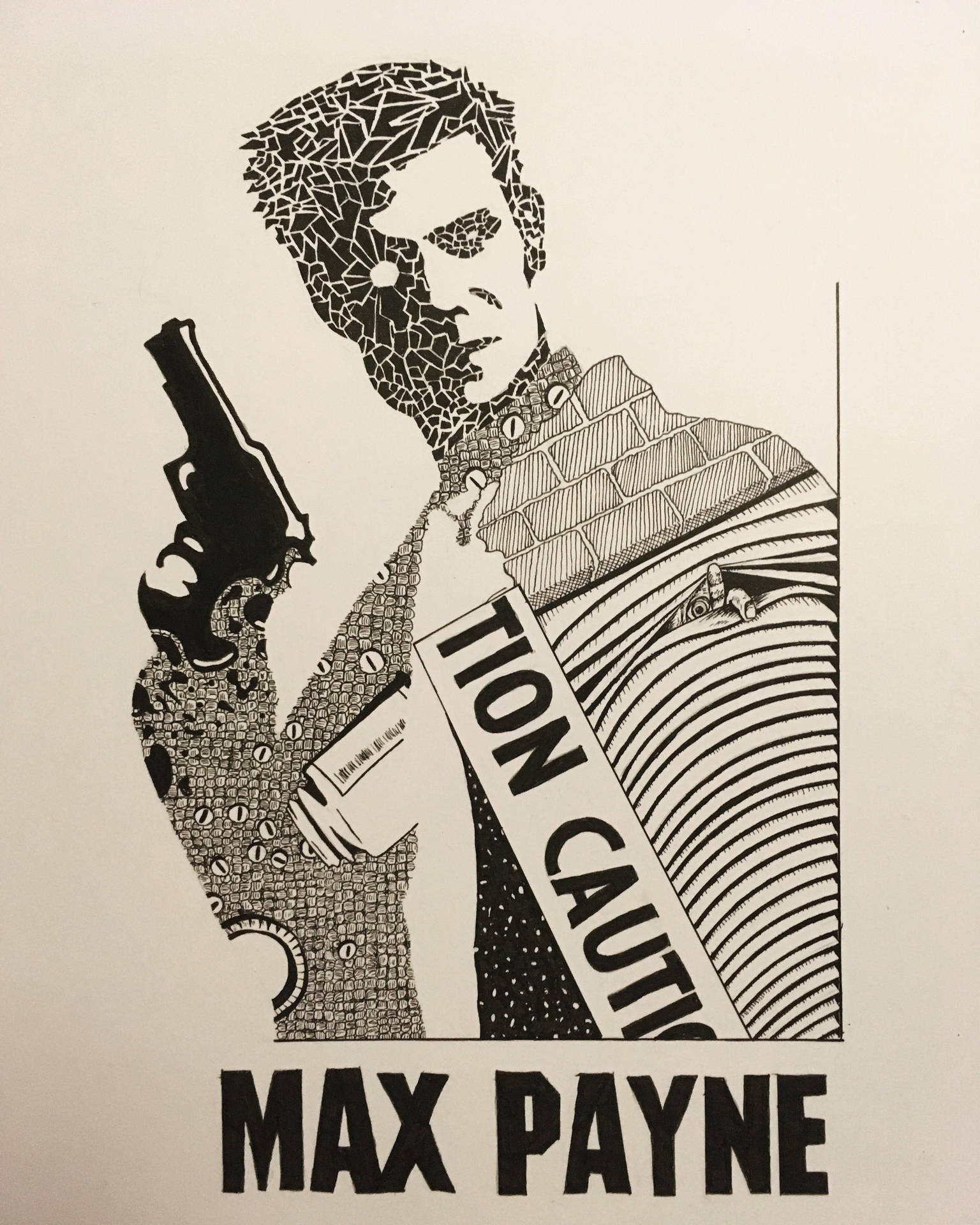 Max Payne 手持槍支，帶有警示膠帶肩帶和碎片化面部設計。
