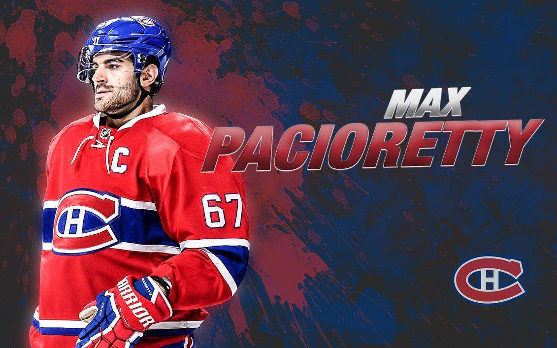 馬克斯·帕西奧雷蒂NHL海報 壁紙 — 冰球運動員 Max Pacioretty 身穿紅色蒙特利爾加拿大人隊球衣，帶有隊長 C 標誌，自信地站在動態的紅色和藍色潑濺背景前。