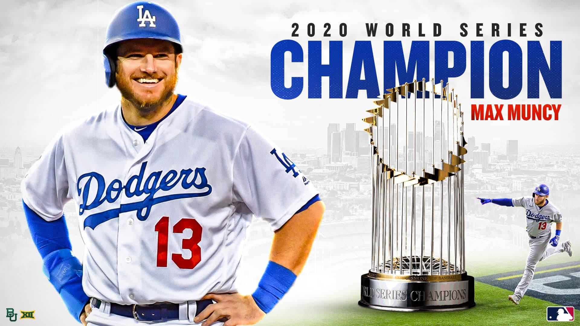 棒球選手 Max Muncy 與獎盃一同慶祝 2020 年世界大賽冠軍。