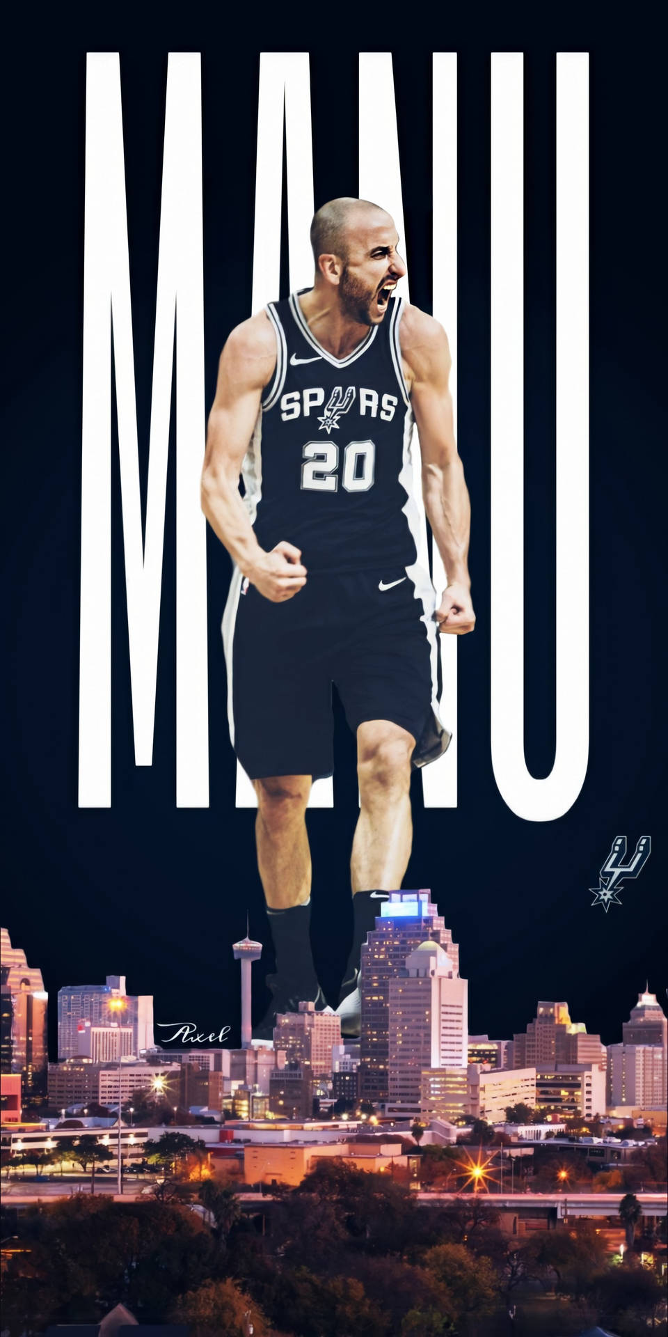 籃球運動員在夜晚的城市天際線上方慶祝。