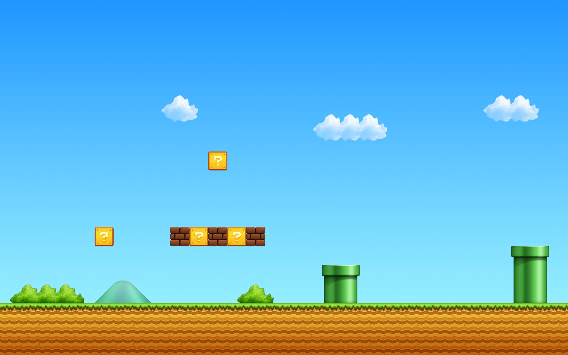 經典 Mario 遊戲關卡，有管道、問號方塊和磚塊平台，背景是藍天