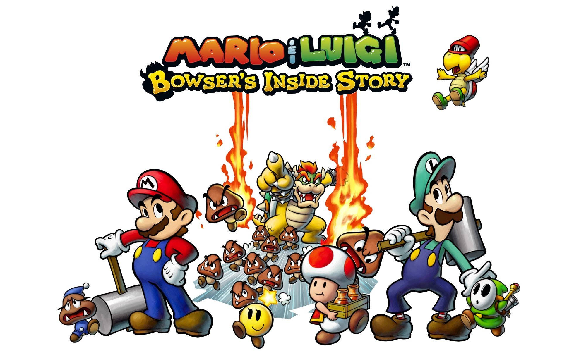 Mario、Luigi 和 Toad 在熔岩背景下與 Bowser 和 Goombas 戰鬥。