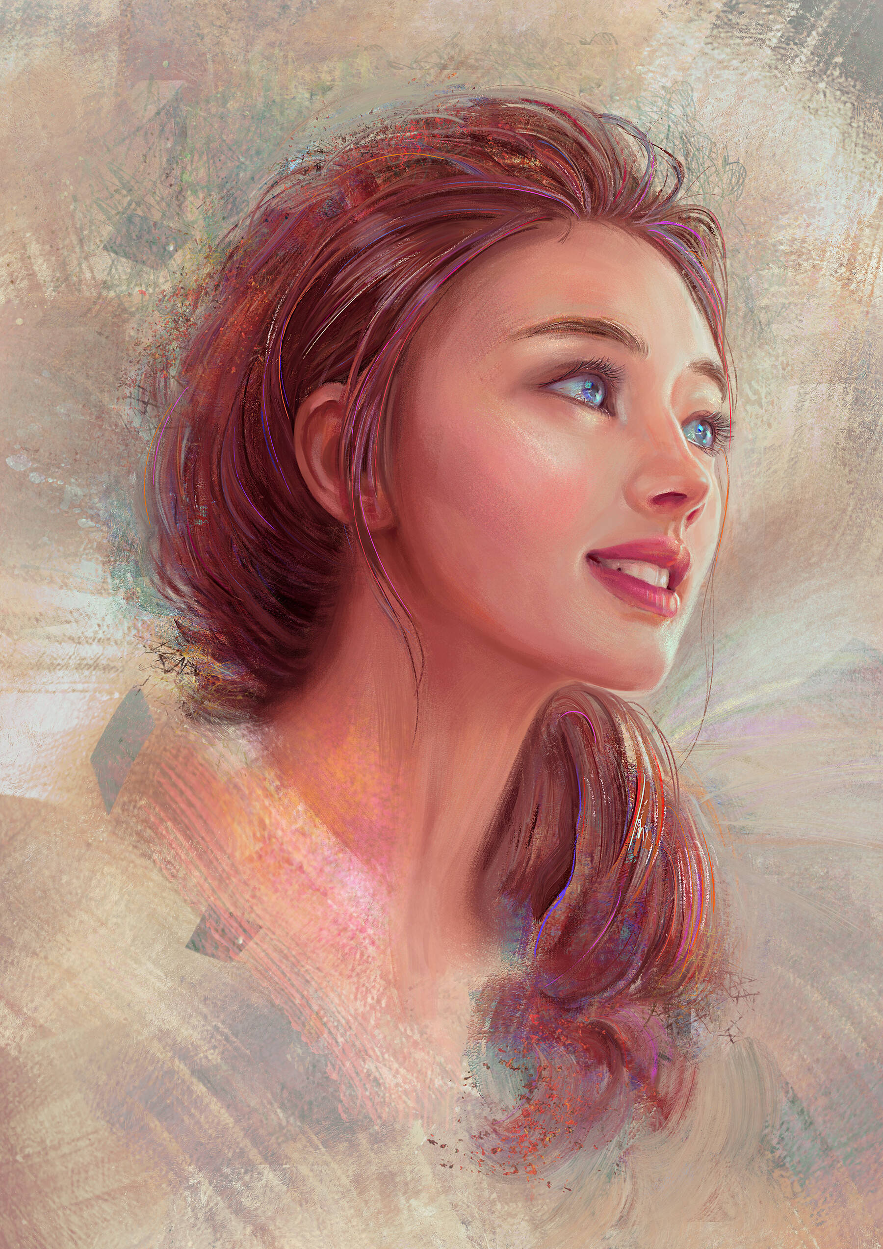 馬尾紅髮女子微笑 壁紙 — 一幅柔和嘅油畫肖像，描繪一位紅髮藍眼嘅年輕女性，帶住溫柔嘅微笑向上凝望。