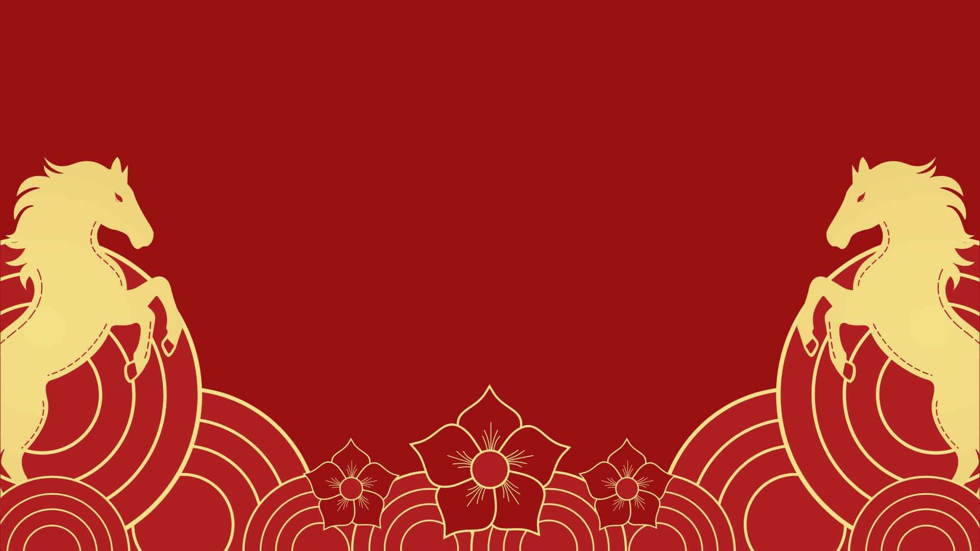 馬年慶祝設計 壁紙 — 兩匹金色馬剪影在深紅色背景上襯托著花卉圖案。