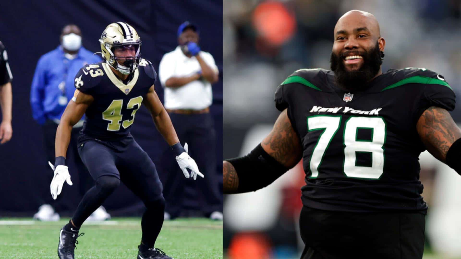 馬庫斯·威廉斯與摩根·摩西對比圖 壁紙 — 兩名NFL球員在比賽中，一人身穿深藍色和金色球衣奔跑，另一人身穿黑色和綠色球衣在場上咧嘴大笑。