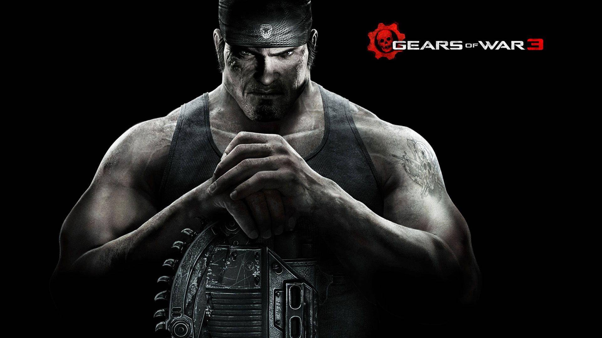 一名身穿盔甲、表情嚴肅的士兵雙手合十，來自 Gears of War 3。