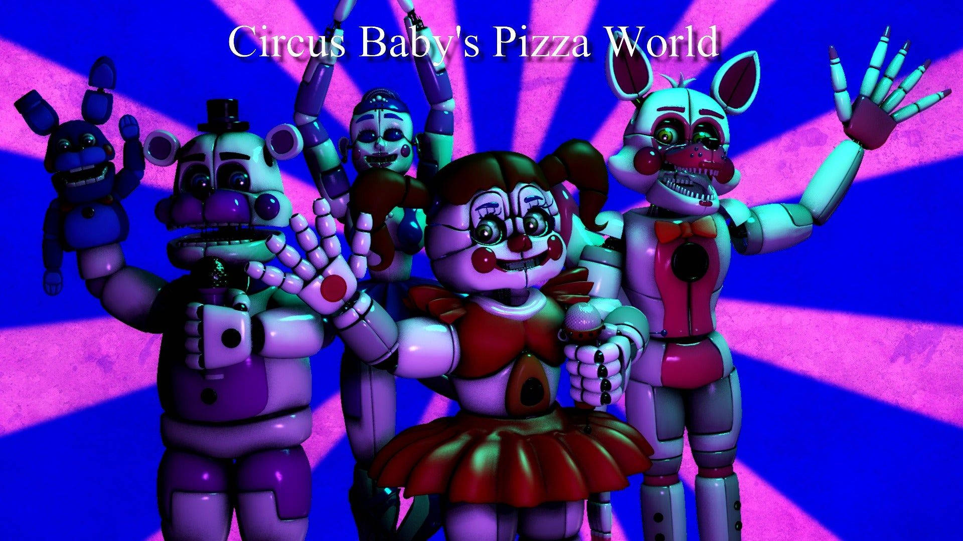 馬戲團寶寶的披薩世界 壁紙 — 來自 Circus Baby's Pizza World 的五個電子動畫角色在充滿活力的紫色和藍色放射狀背景前揮手。