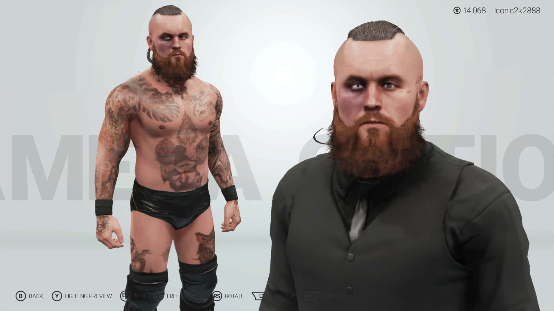 馬拉凱·布萊克在WWE 2K遊戲中的模組化角色造型 壁紙 — 一個肌肉發達、有紋身的摔角手穿著黑色三角褲，站在同一個穿著深色襯衫的角色旁邊，背景是純色攝影棚。