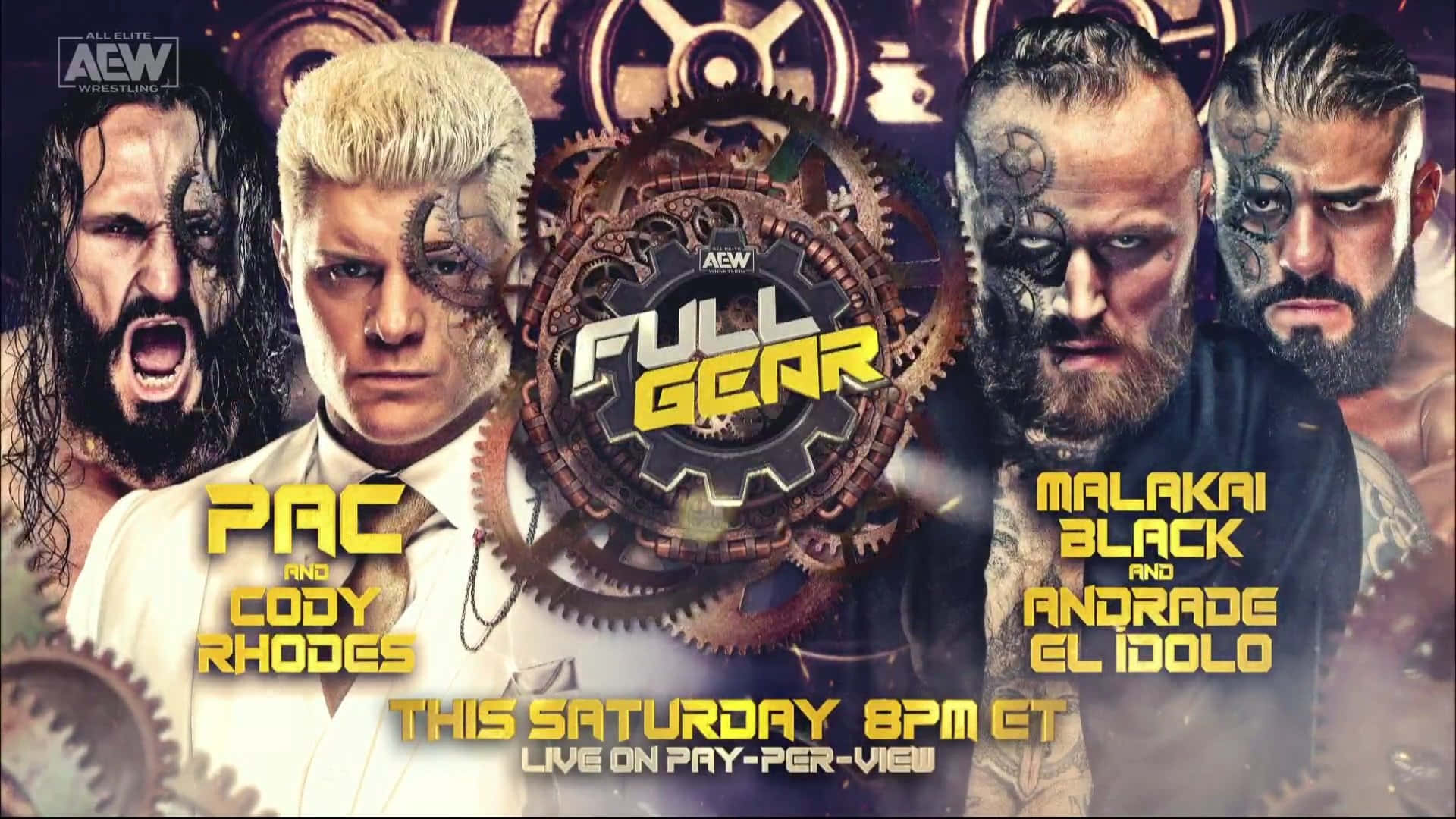 馬拉凱·布萊克與安德拉德·艾爾·伊多洛 AEW 全球大賽 壁紙 — 四位帶有機械臉部紋身的激烈摔角手站在AEW Full Gear的蒸氣龐克齒輪標誌前。