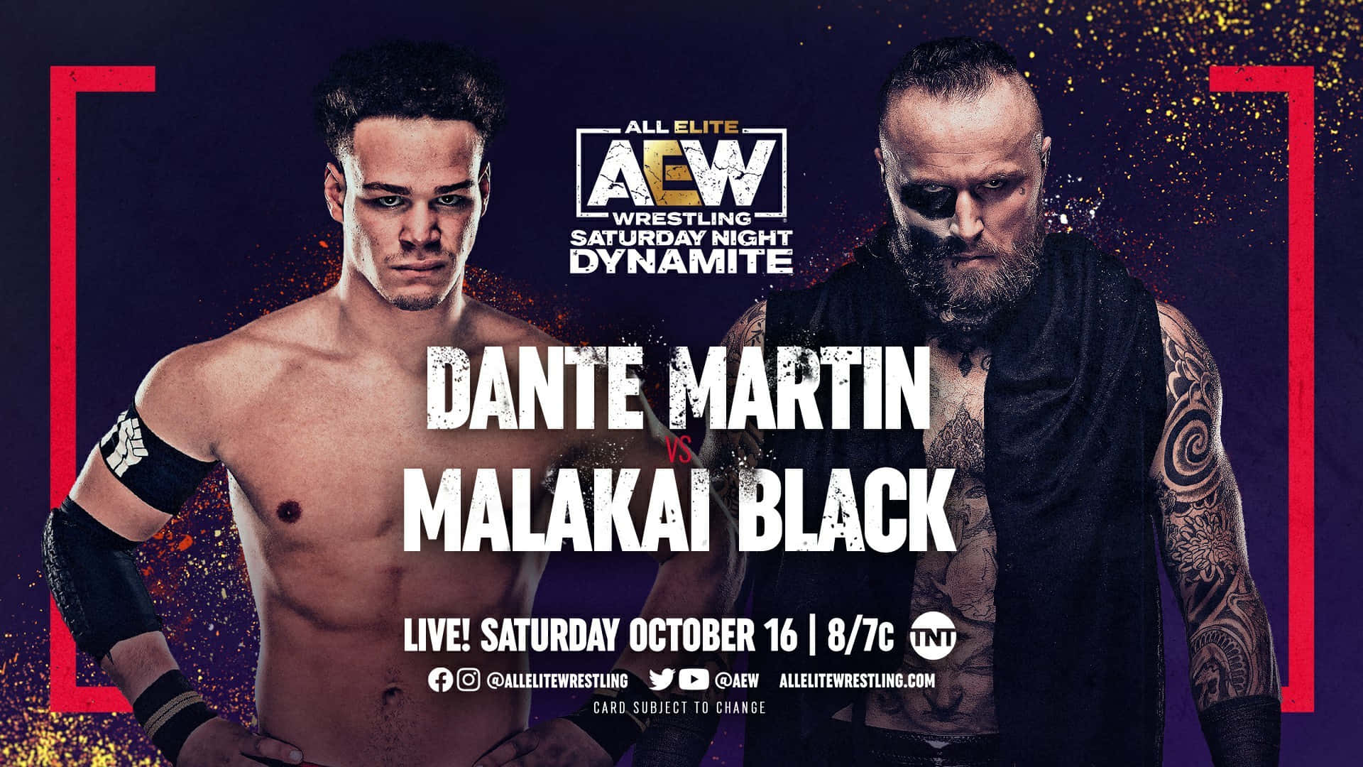 馬拉基·布萊克與丹特·馬丁 壁紙 — 兩位肌肉發達的摔角手 Dante Martin 和 Malakai Black 在深紫色背景、紅色邊框和閃爍金色顆粒的襯托下，凝視著對方。