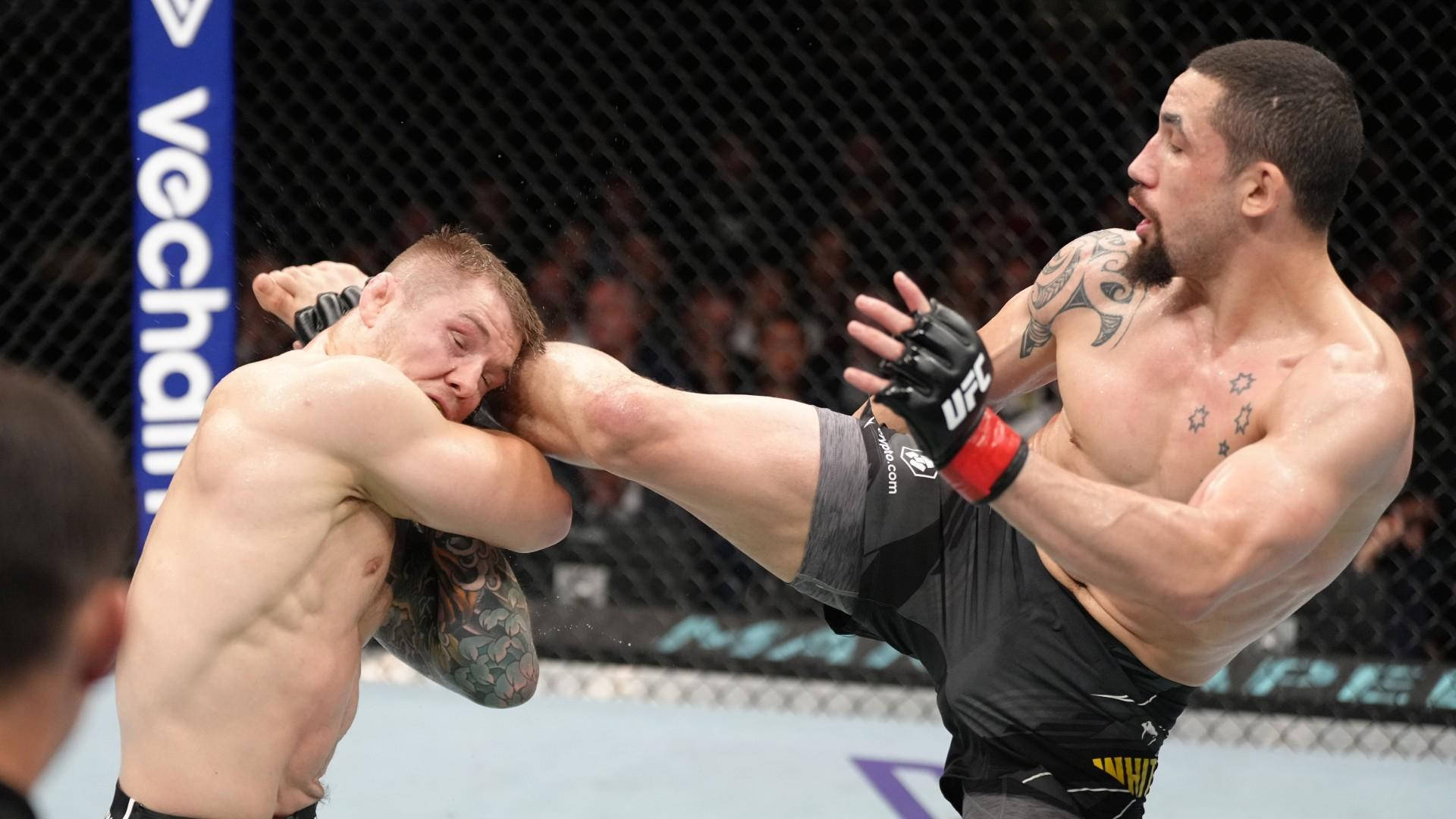 兩名男性拳手在MMA比賽中，在八角籠內交換高踢和纏抱。