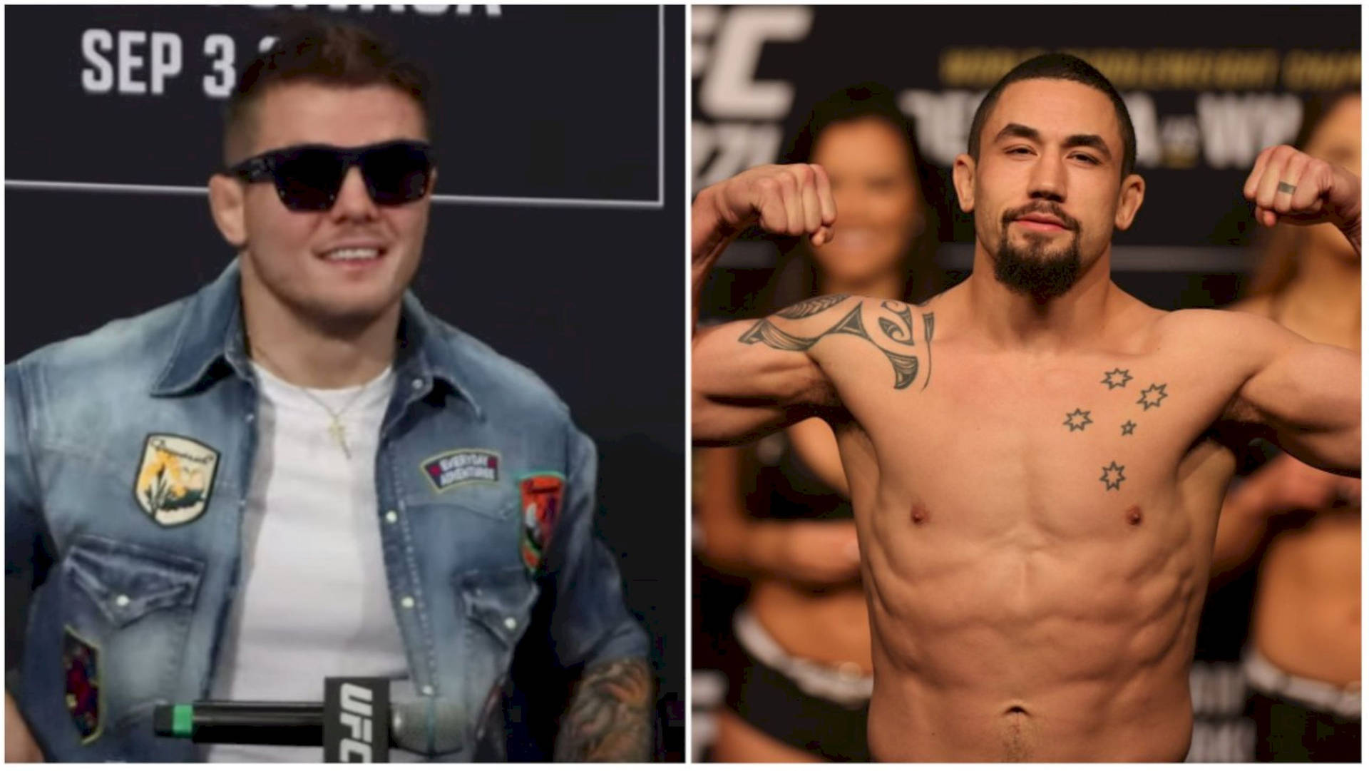 兩名男性UFC拳手在稱重活動中，一人戴太陽眼鏡和穿牛仔外套，另一人赤裸上身繃緊肌肉。