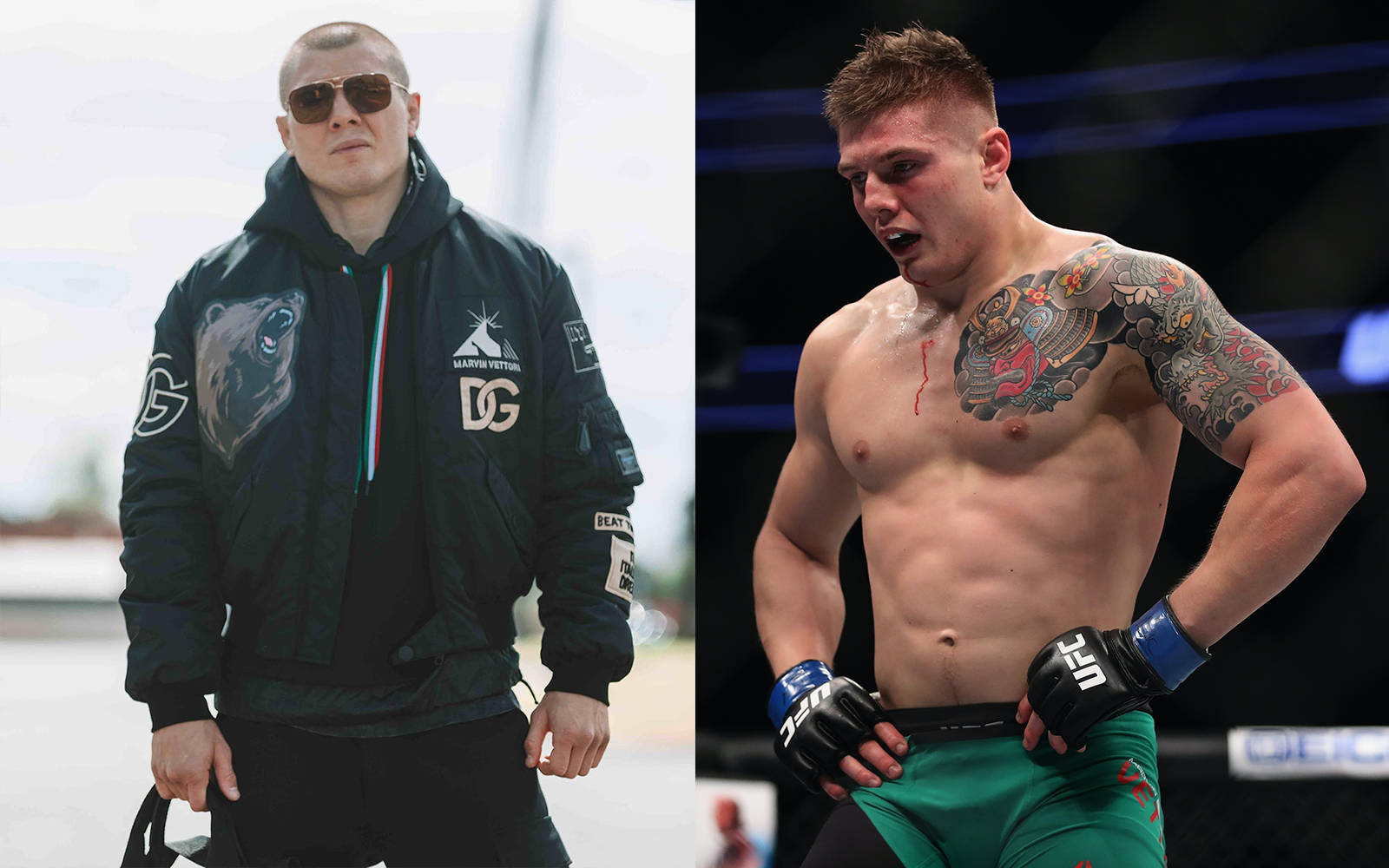 兩名男性MMA拳手，一名穿著外套在戶外，另一名赤裸上身，在八角籠內。