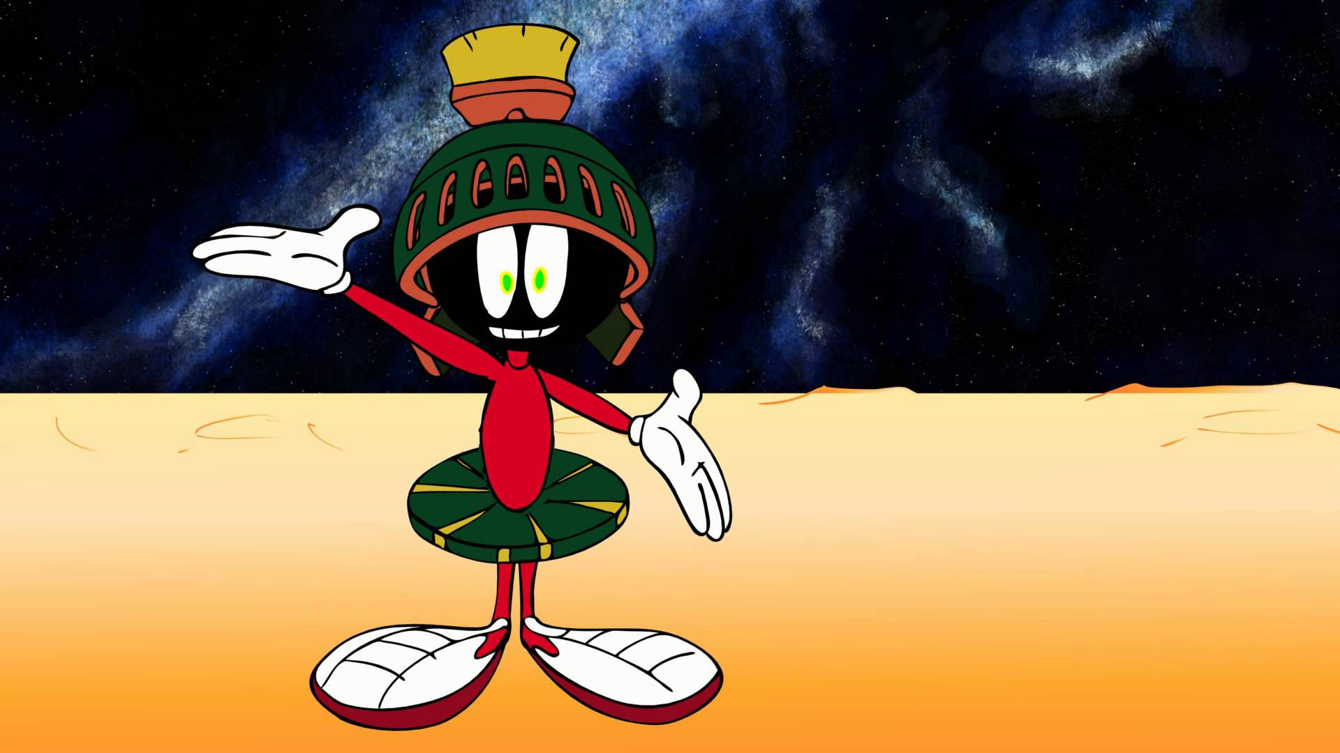 馬文火星人卡通 壁紙 — 火星人馬文在沙漠星球上，在繁星點點的宇宙天空下，帶著發光的綠色眼睛愉快地站著。