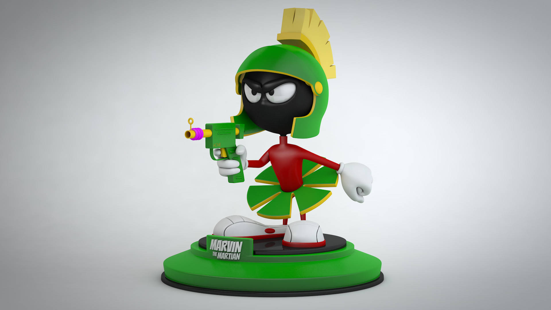 馬文火星人憤怒 壁紙 — 一個3D渲染的Marvin the Martian公仔，戴綠色頭盔，穿紅色套裝，在綠色底座上拿著激光槍。