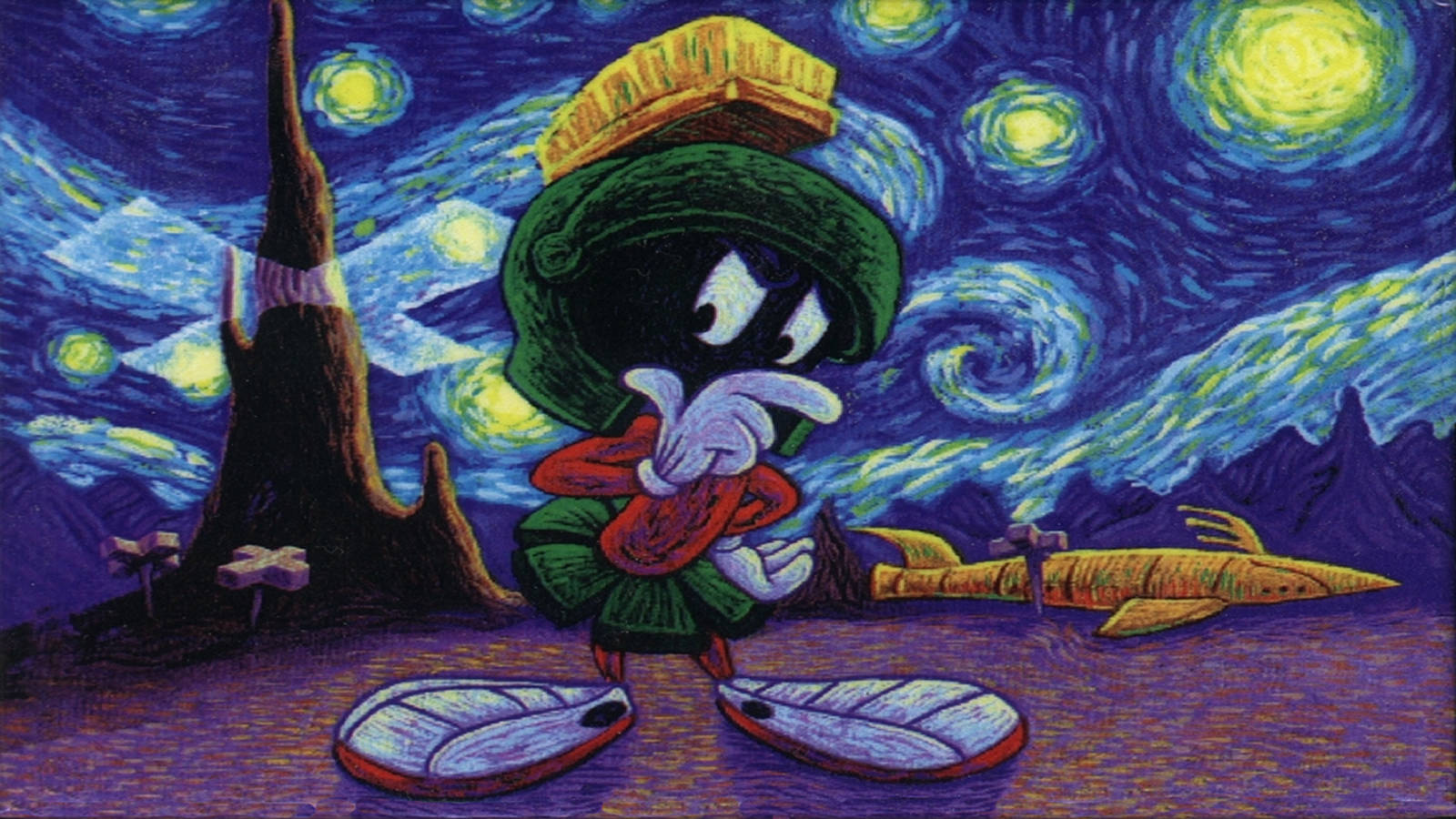 馬文火星人星夜風景 壁紙 — 火星人馬文莊嚴地站在受梵高《星夜》啟發的旋轉星空下。