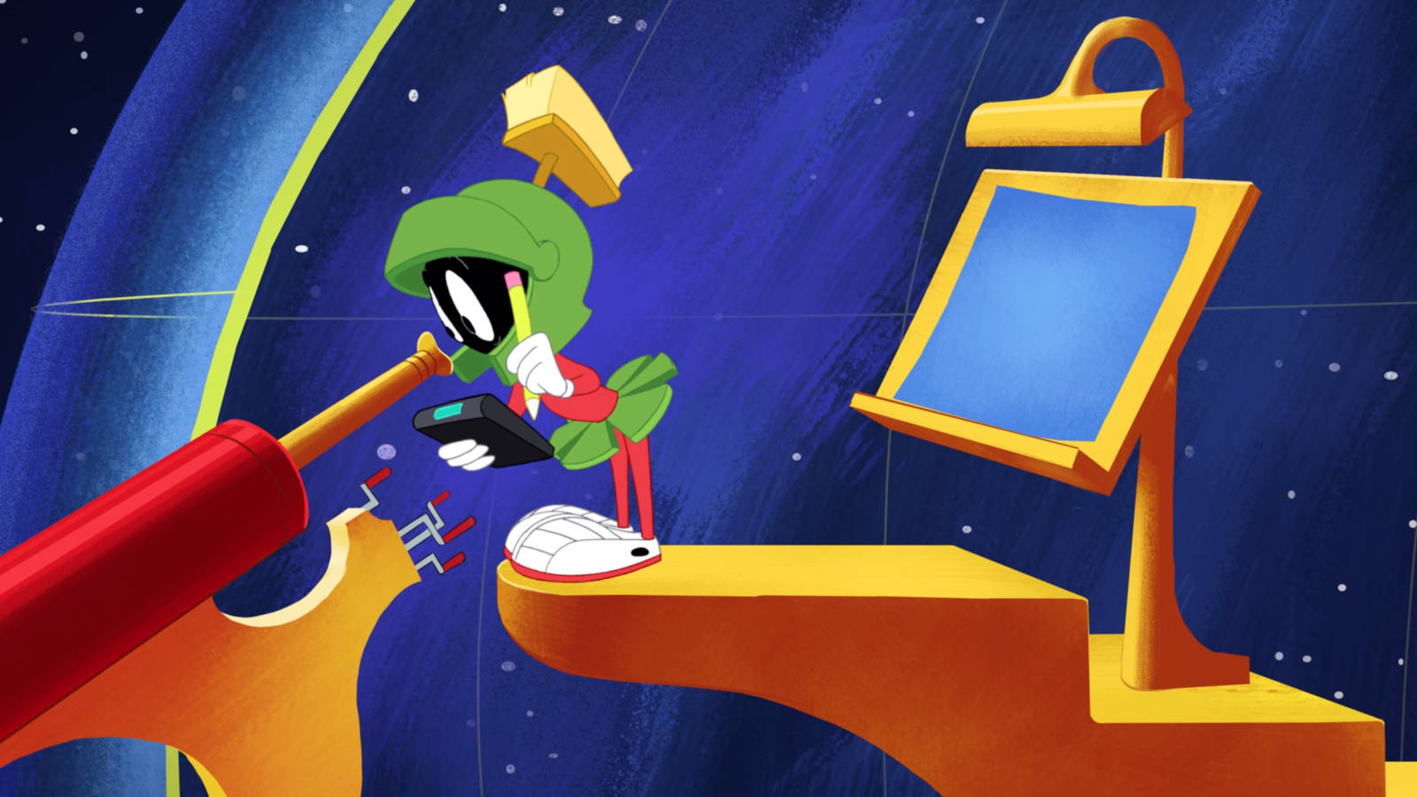 馬文火星人望遠鏡 壁紙 — 火星人馬文在他的太空船駕駛艙中，在星空下將激光炮瞄準空白畫布。