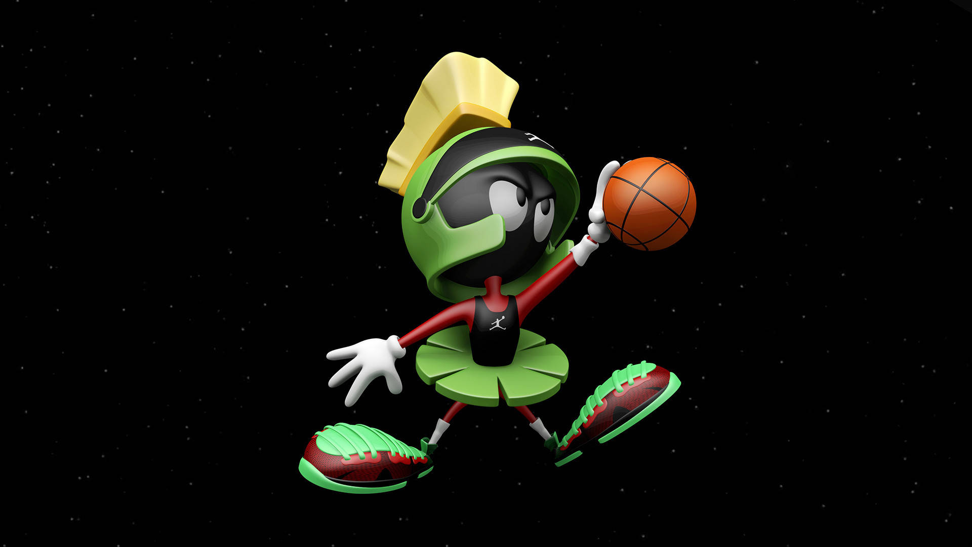 馬文火星人灌籃 壁紙 — 火星人馬文在零重力下，在繁星點點的太空背景下運球打籃球。
