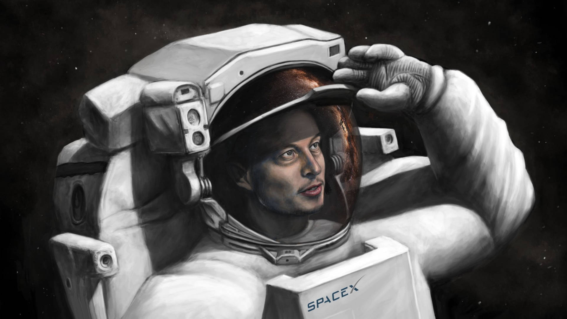 伊隆·馬斯克穿著SpaceX太空人服裝在太空中調整頭盔。 — 馬斯克 壁紙