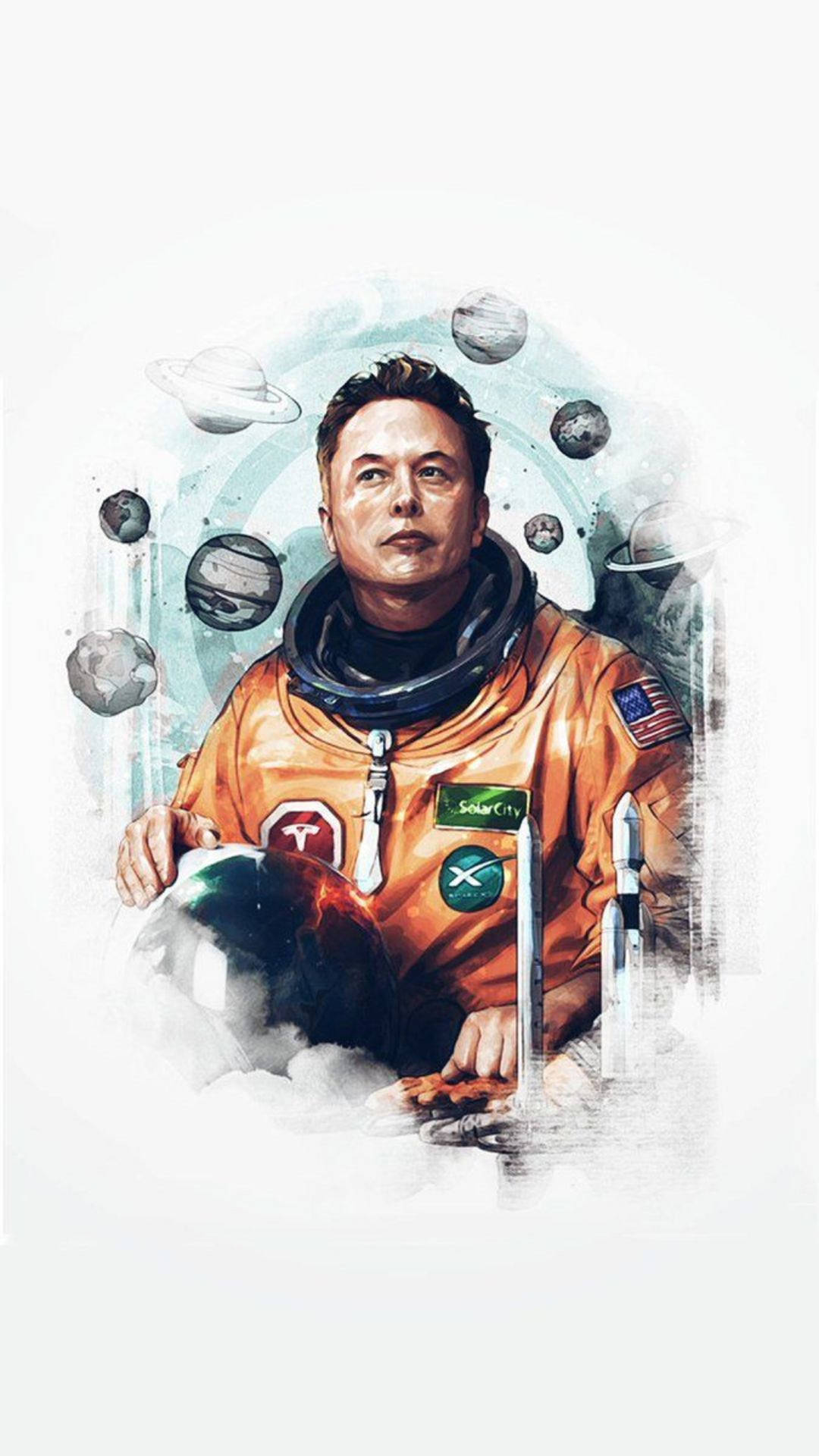伊隆·馬斯克身穿太空衣，行星和火箭在他周圍漂浮。 — 馬斯克 壁紙