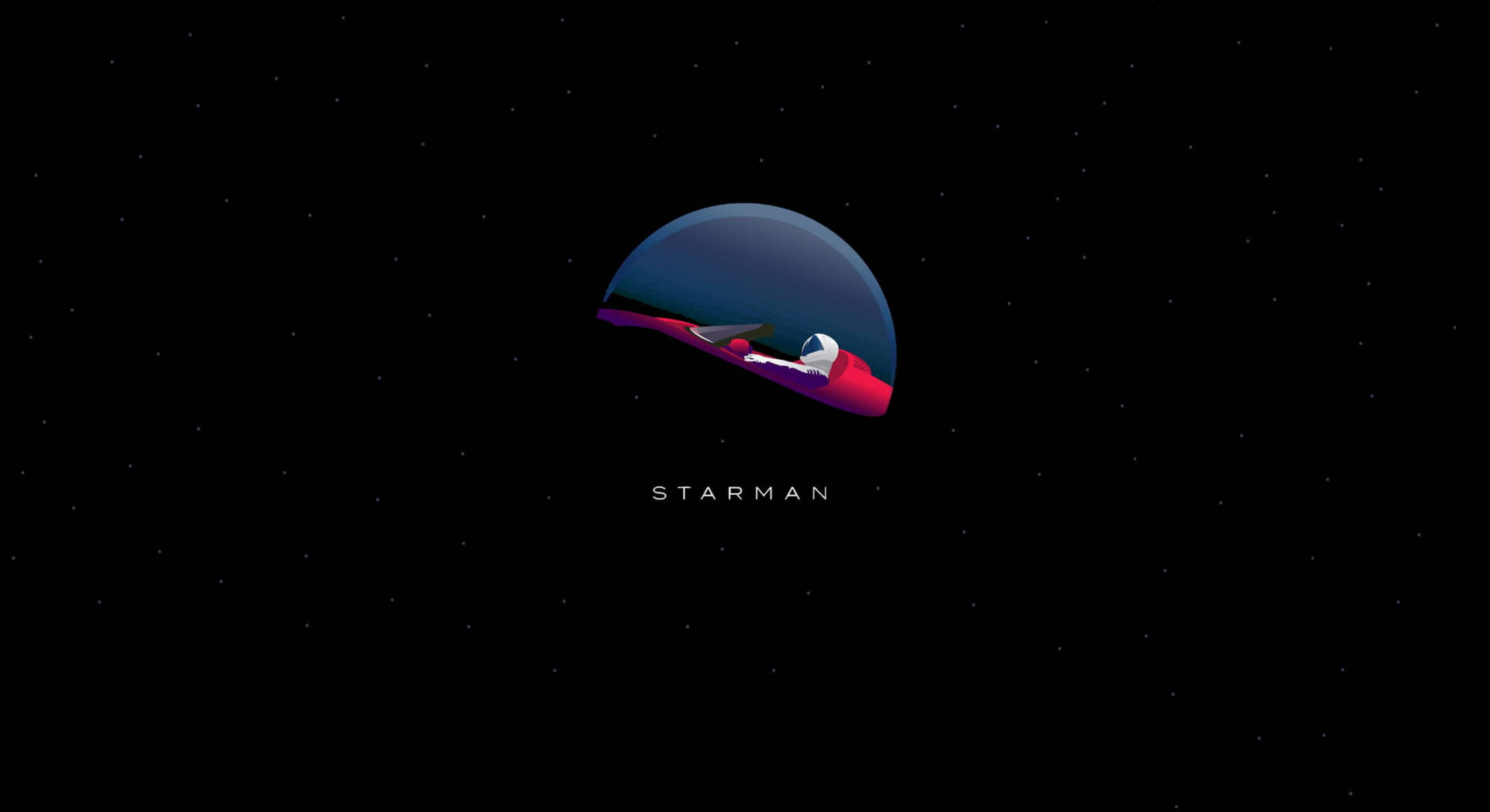 太空人漂浮在發光行星旁邊，星空夜空中有「STAR MAN」文字。 — 馬斯克 壁紙