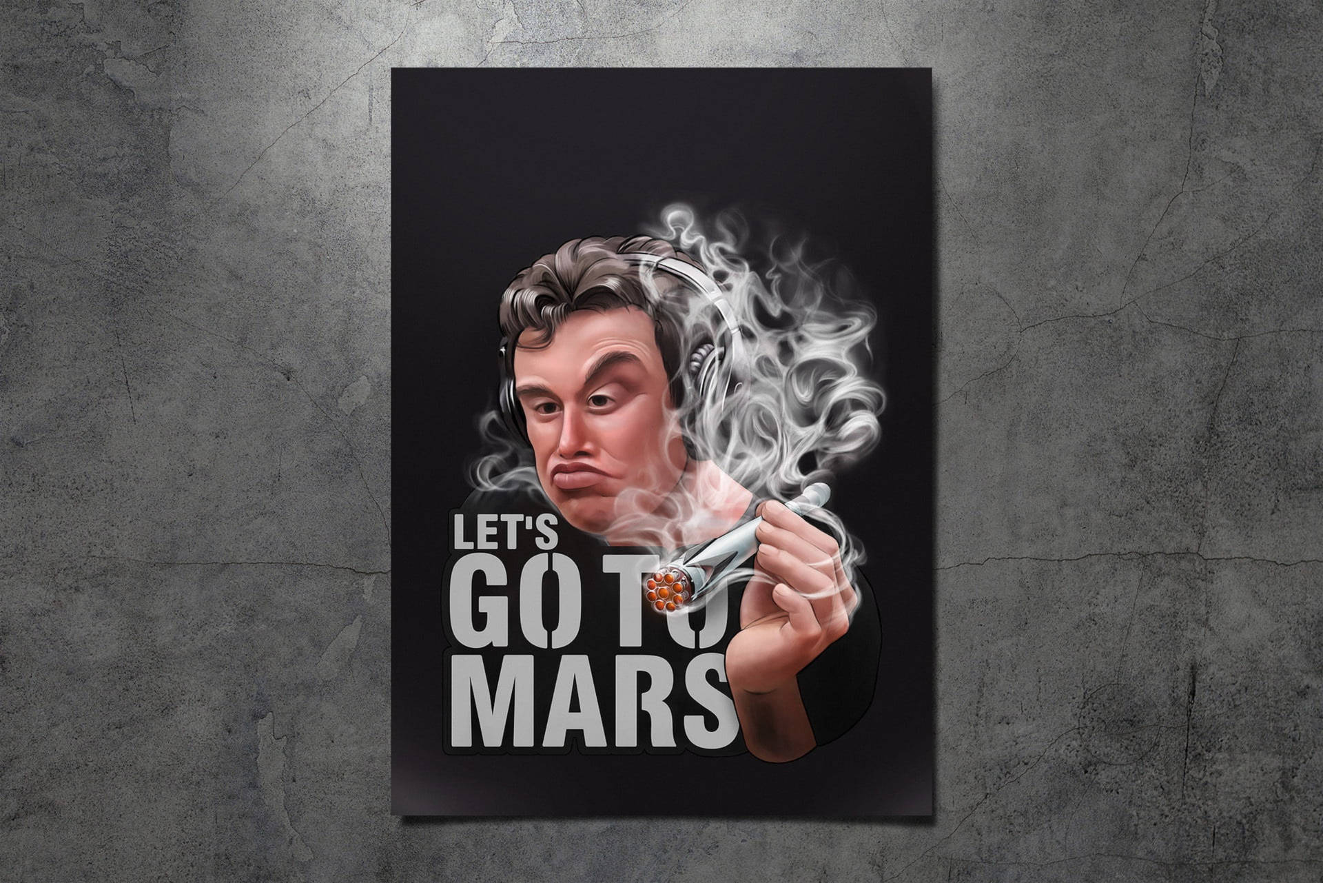 戴著耳機的男子手持帶有 LET'S GO TO MARS 文字的電子煙筆呼出煙霧。 — 馬斯克 壁紙