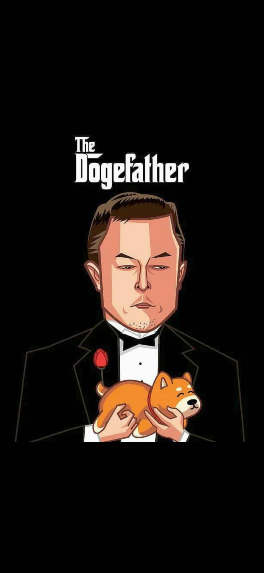 穿著燕尾服的卡通男人抱著拿著玫瑰的柴犬和「The Dogefather」文字。 — 馬斯克 壁紙