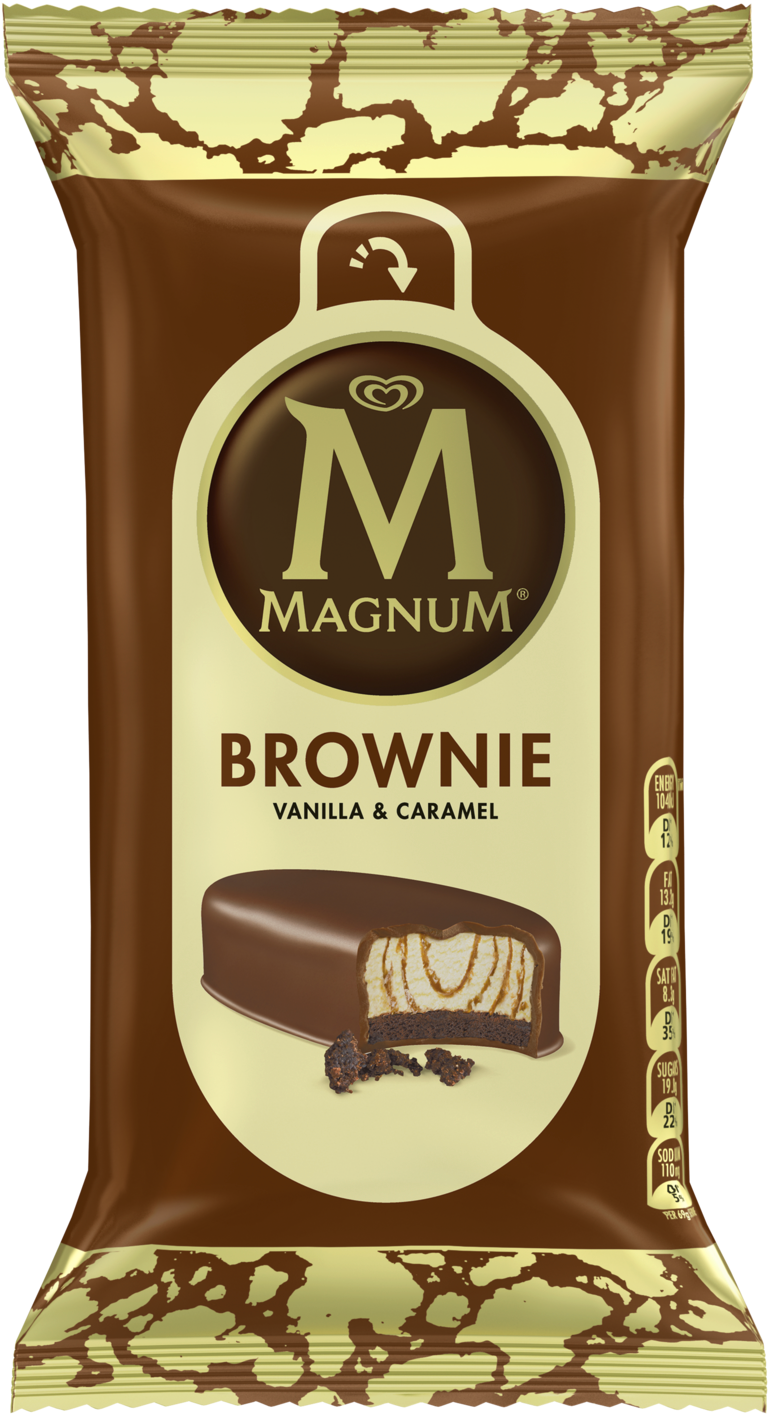 馬格努姆布朗尼冰淇淋包裝 壁紙 — Magnum Brownie 雲呢拿焦糖雪糕棒包裝的特寫，帶有朱古力漩渦和一個咬痕，露出焦糖漩渦。