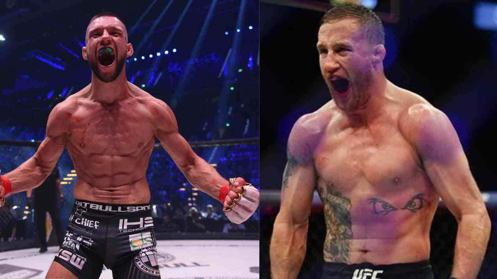 兩名勝利的MMA拳手在競技場燈光下的八角籠中慶祝。