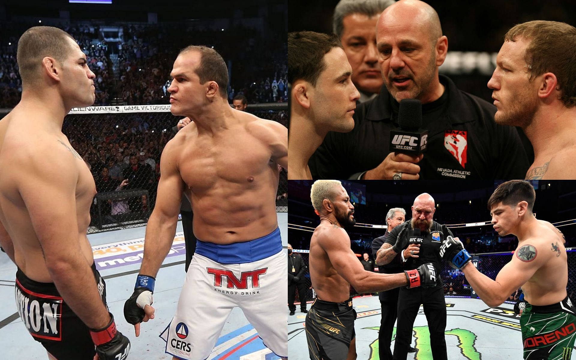 馬特·休斯UFC比賽精彩集錦 壁紙 — 兩名肌肉發達的MMA拳手在燈光明亮的八角籠中對峙，背景有裁判和人群。