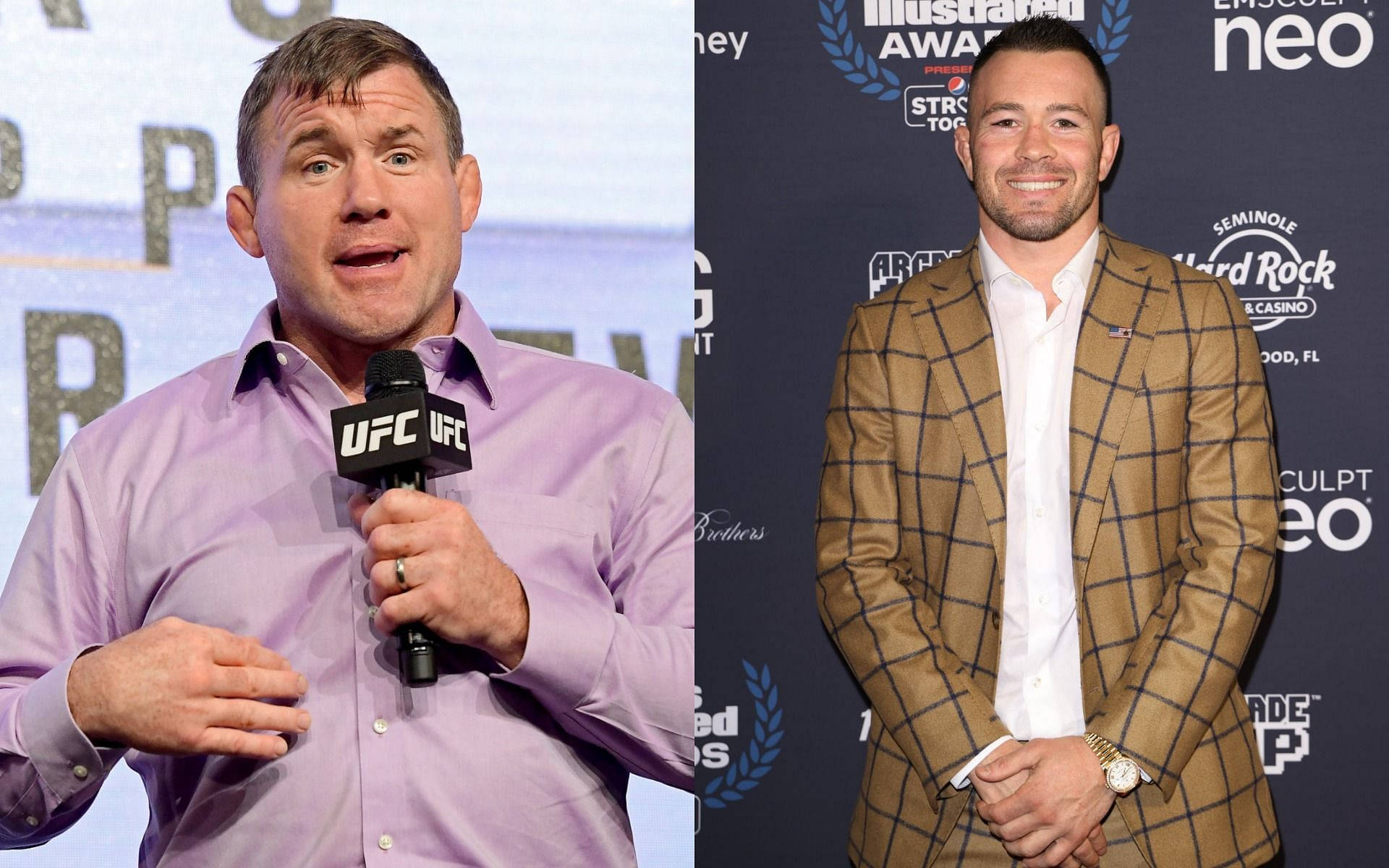 馬特·休斯與科爾比·科維頓 壁紙 — Dana White 對著 UFC 咪高峰講話和 Georges St-Pierre 穿著格仔西裝在頒獎活動中微笑的分割圖片。