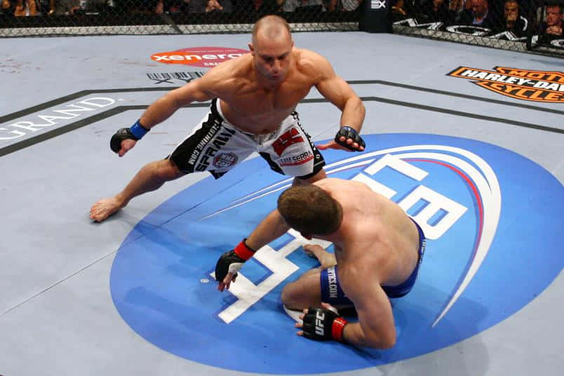 兩名MMA拳手在UFC八角籠內搏鬥，一人壓在另一人身上。