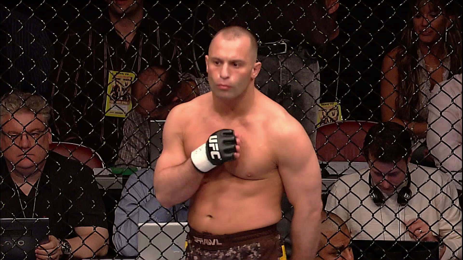 比賽期間，八角籠內戴著UFC手套的MMA拳手。
